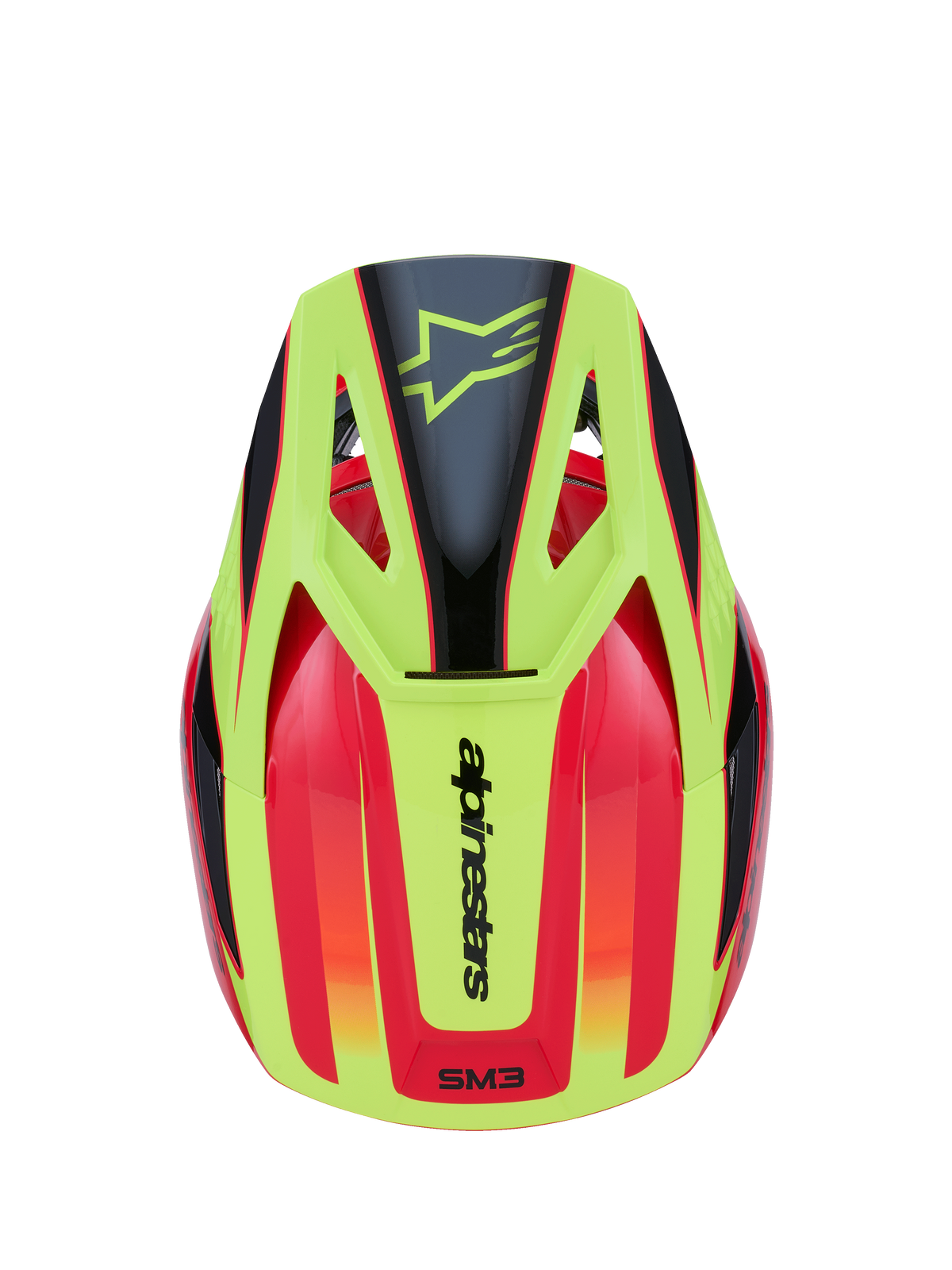 Alpinestars S-M3 Fray Helmet, Motocross Helmet, Red Yellow Fluo and Black Glossy, top-down view featuring vibrant graphic design with black star logo on the yellow peak and Alpinestars branding on the back