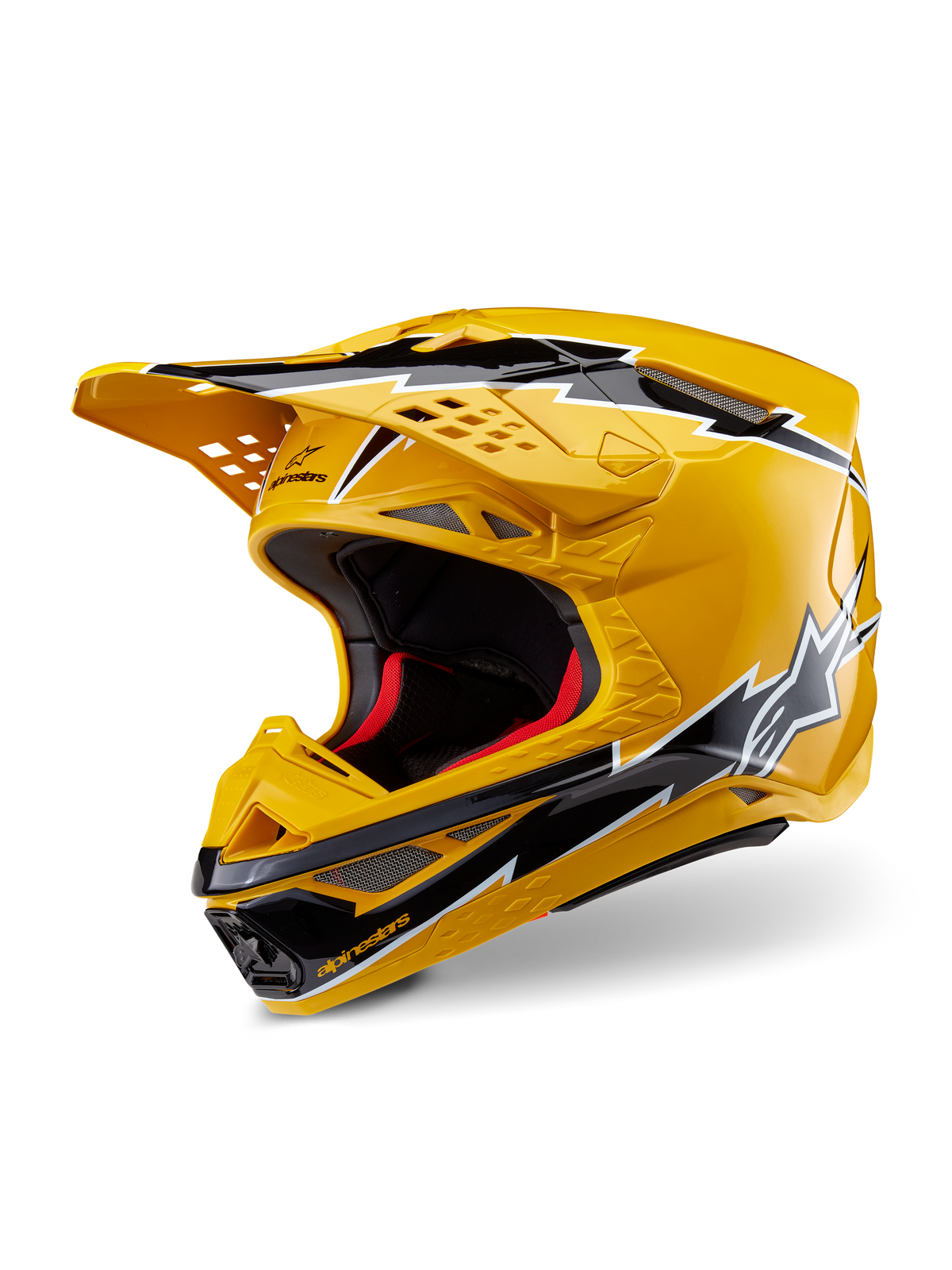 Alpinestars Supertech M10 Ampress Helm, Motocross-Helm, Gelb und Schwarz glänzend, mit Blitz-Grafiken, belüftetem Helmschirm und aerodynamischem Design, Hochleistungs-Offroad-Schutz.