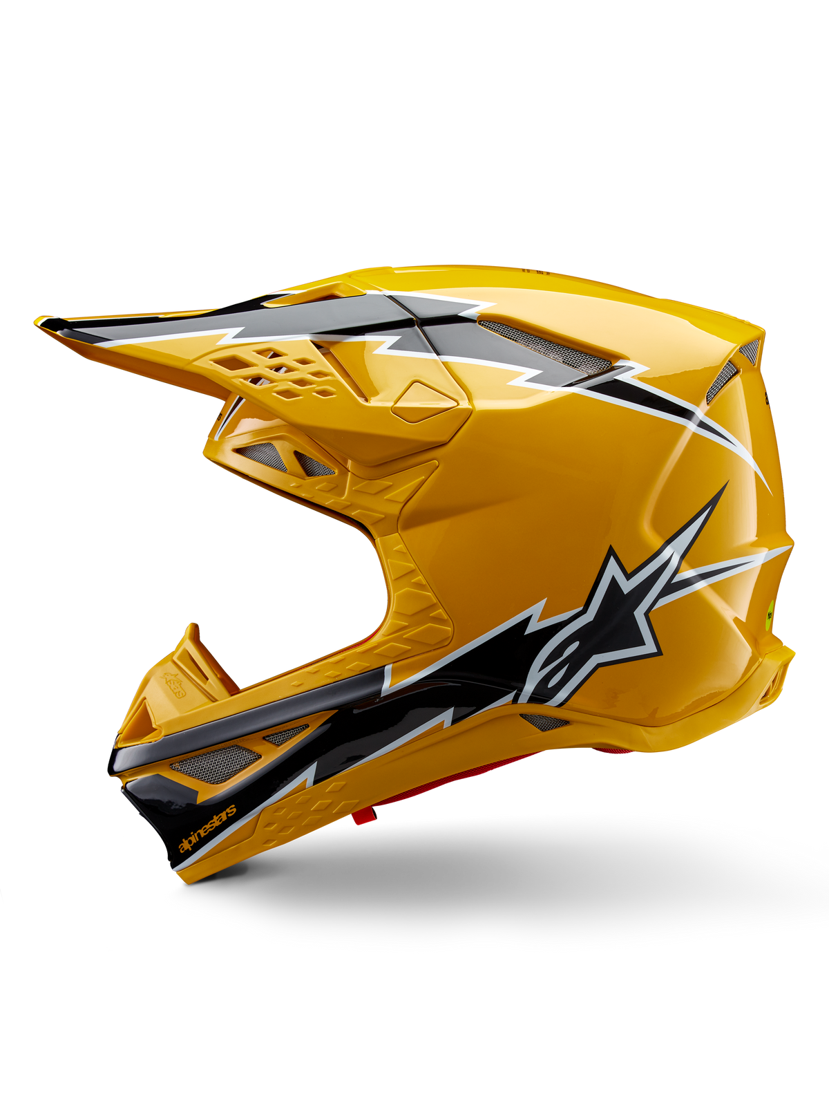 Alpinestars Supertech M10 Ampress Helm, Motocross-Helm, Glänzendes Gelb mit schwarz-weißen Grafiken, Seitenansicht mit markanten eckigen Designs, Alpinestars-Stern-Logo und mehreren Belüftungsöffnungen mit silbernem Mesh, professionelle Offroad-Rennausrüstung