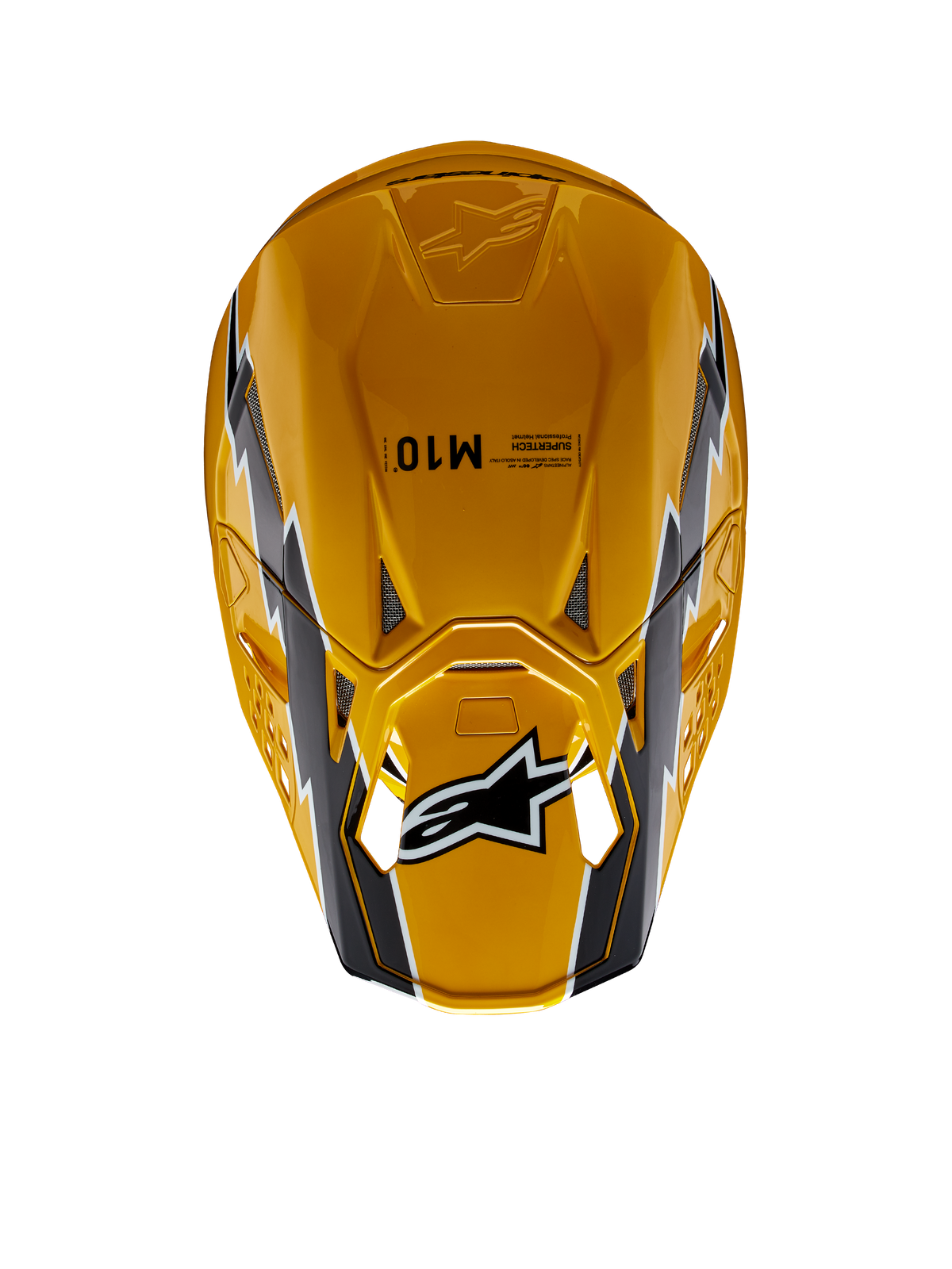 Alpinestars Supertech M10 Ampress Helm, Motocross-Helm, Schwarz Gelb Glänzend, Draufsicht mit glänzend gelbem Finish und schwarz-weißen Grafiken, Alpinestars-Logo auf dem Visier, aerodynamische Schale mit Belüftungsöffnungen.