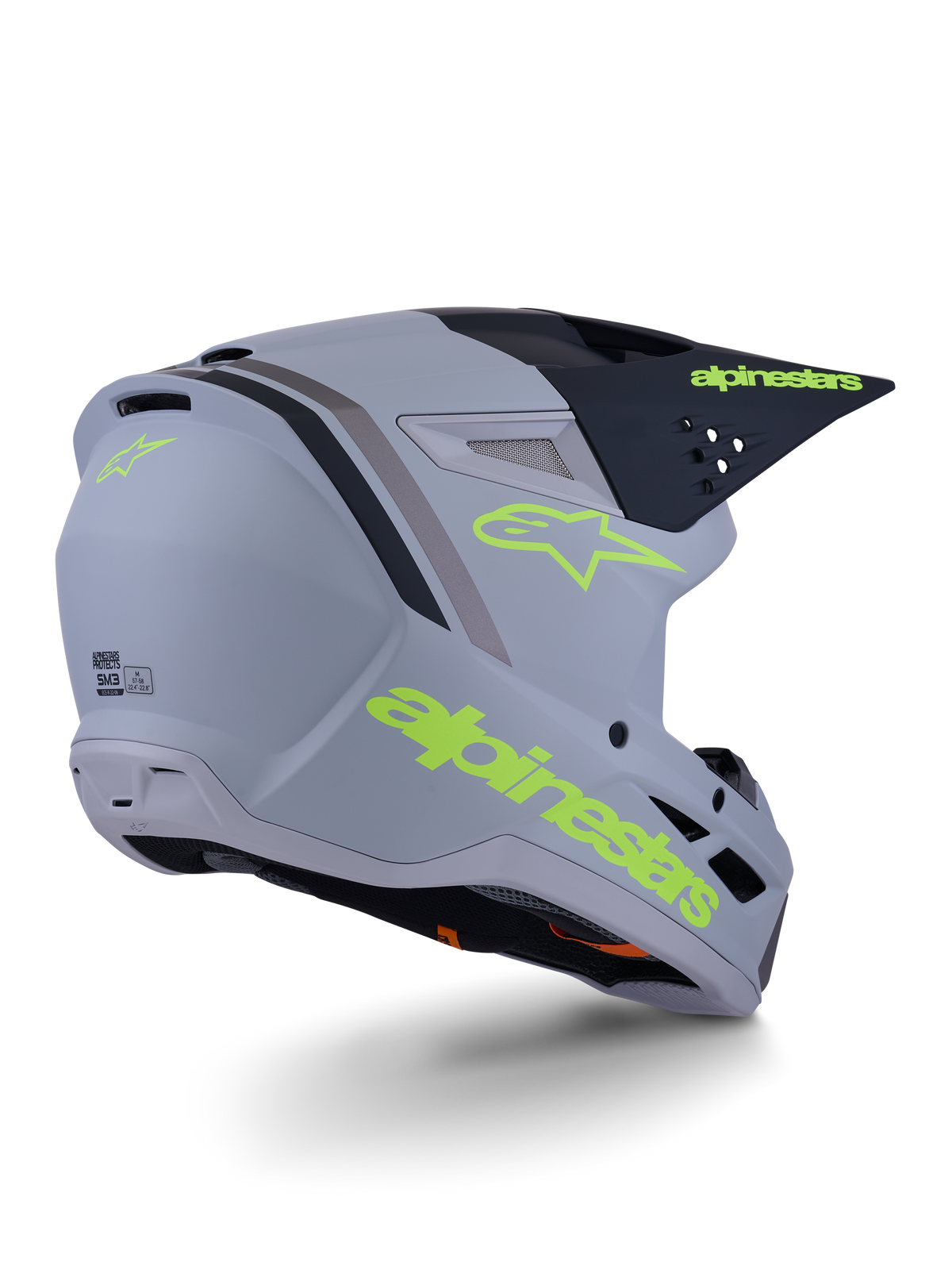 Alpinestars S-M3 Radium Helmet, Motocross Helmet, Gray Black and Yellow Fluo Matte, full-face design with angular shell, prominent visor and ventilation ports, matte finish with bold graphics