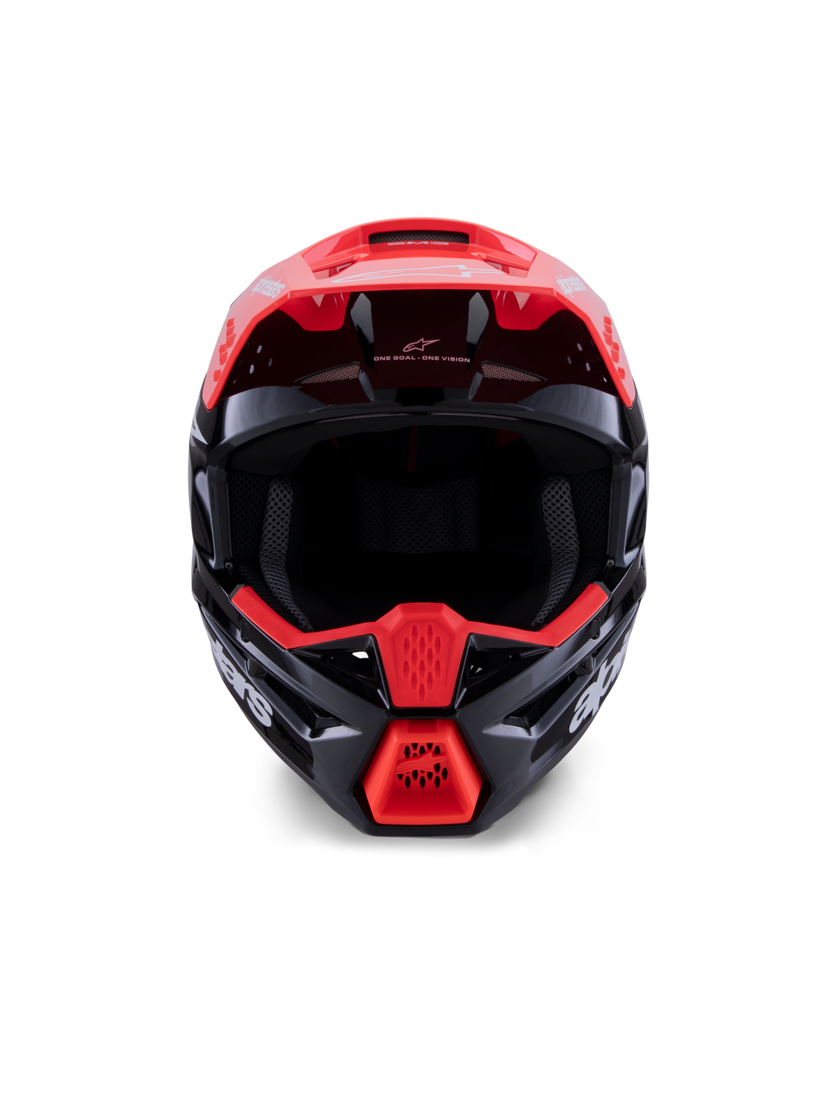 Alpinestars S-M3 Radium Helmet ECE 22.06, Motocross Helmet, Glossy Black with Fluorescent Red and White accents, front-facing view showing the aerodynamic shell, integrated visor, and protective chin bar with bold Alpinestars branding.