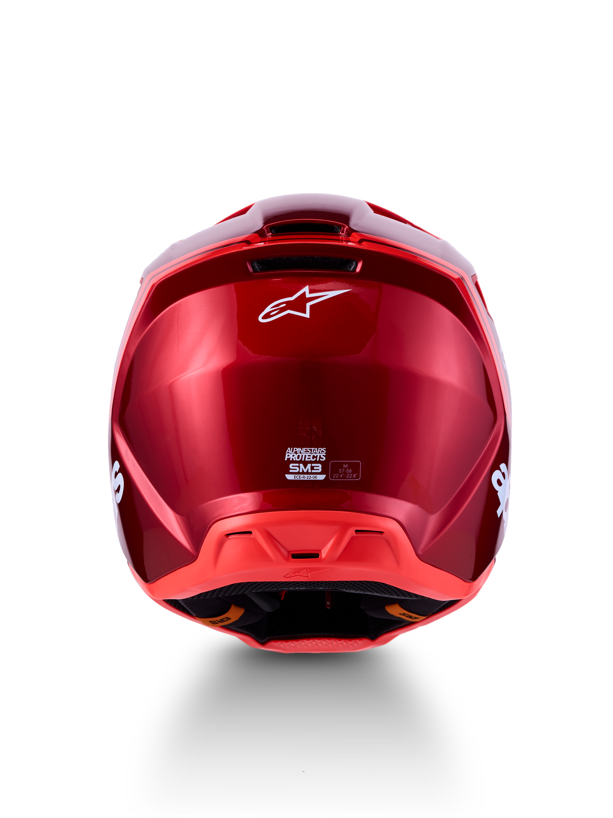 Alpinestars SM3 Radium Helm, Rückansicht in glänzendem Rot und Fluo-Rot, Motocross-Helm mit ECE 22.06-Zertifizierung.