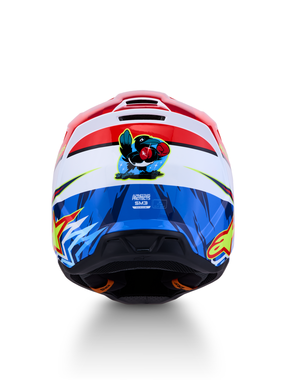 Alpinestars SM3 Falcon Helm, Rot und Blau, Motocrosshelm mit Cartoon-Falken-Grafik auf der Rückseite, ECE 22-06 zertifiziert.