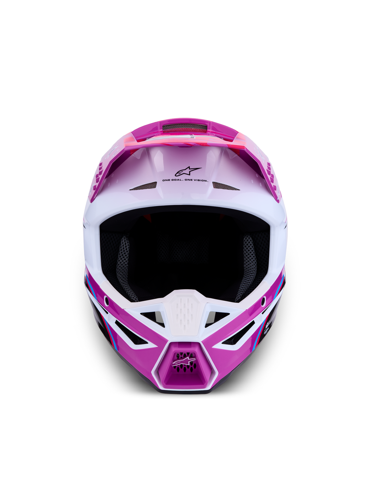 Alpinestars SM3 Falcon Helm ECE06, Motocross-Helm für Offroad-Schutz, Frontalansicht, Lila und Weiß, fortschrittliches Belüftungssystem, ECE-zertifiziert.