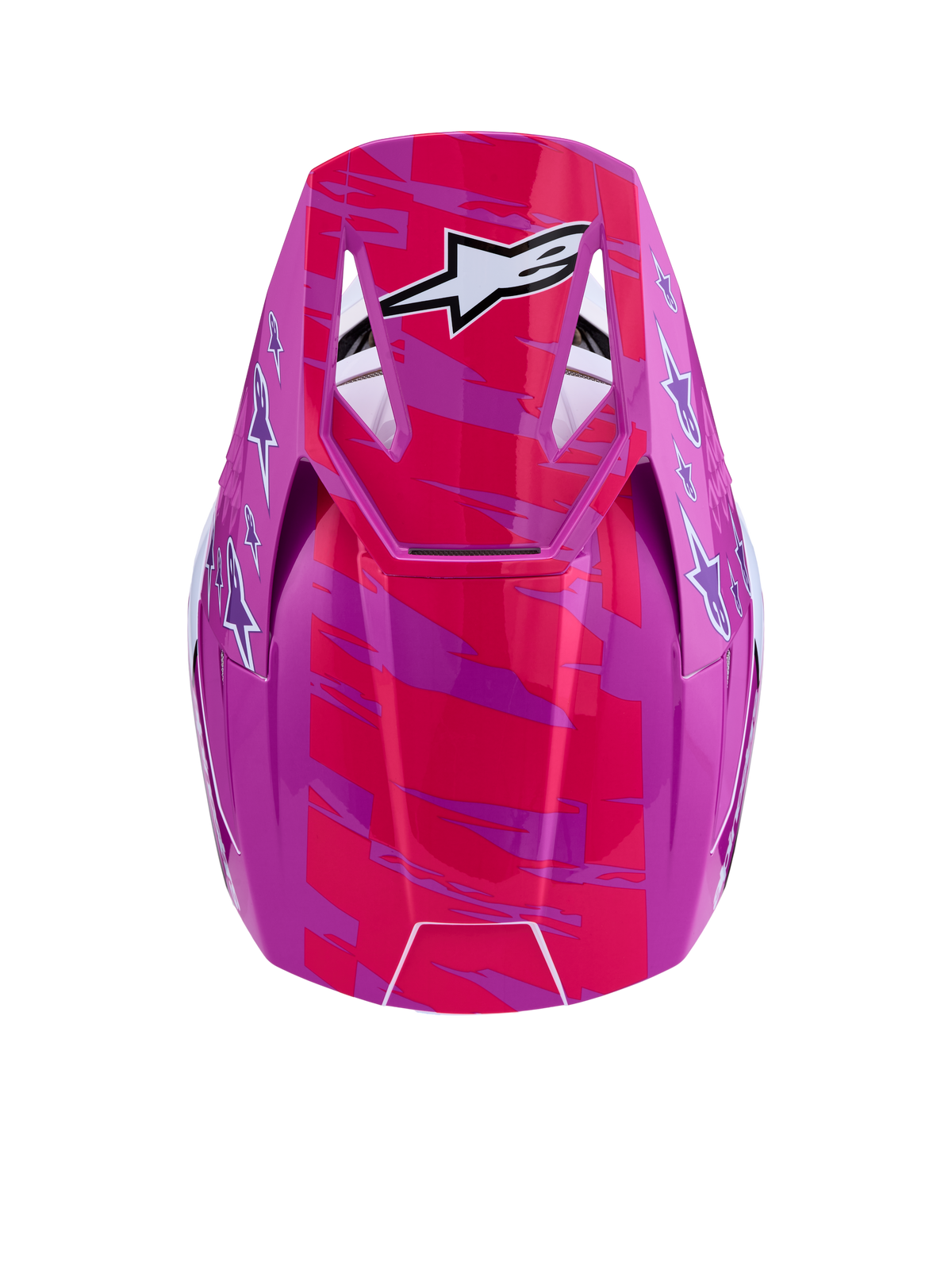 Alpinestars SM3 Falcon Helmet ECE06, glossy pink and purple motocross helmet with white star logo graphics and top visor view.