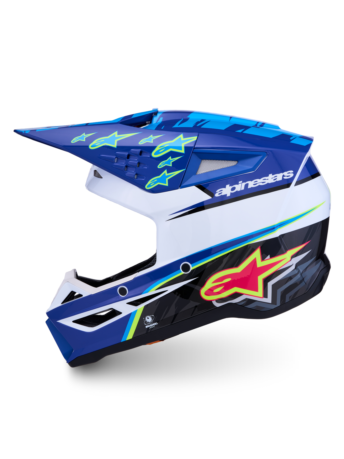 Alpinestars SM3 Falcon Helmet ECE06, glossy blue and white motocross helmet with pink and fluo yellow graphics.