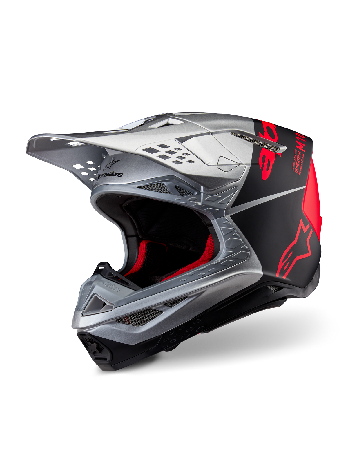 Alpinestars Supertech M10 Flood ECE 22.06 Helmet, Motocross Helmet, Silver Black and Orange Fluo, matte and glossy finish, featuring a sleek carbon shell with bold Alpinestars branding and multiple ventilation ports