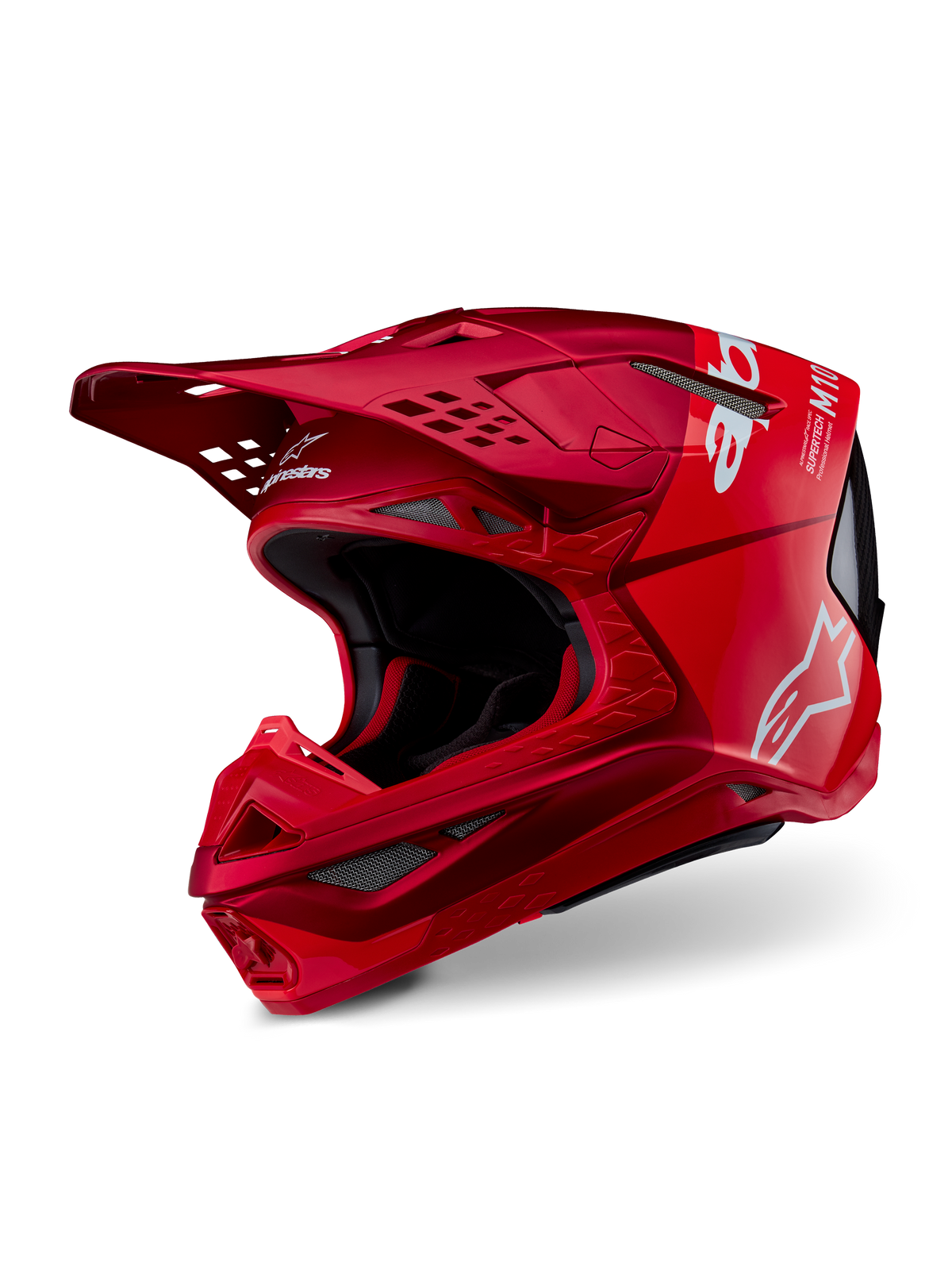 Alpinestars Supertech M10 Flood Helm, Motocross-Helm, Rot und Fluo-Rot in Matt und Glänzend, mit weißen Alpinestars-Logos, aerodynamisches Profil mit mehreren Belüftungsöffnungen, leichte Carbon-Verbundschale für Offroad-Rennen