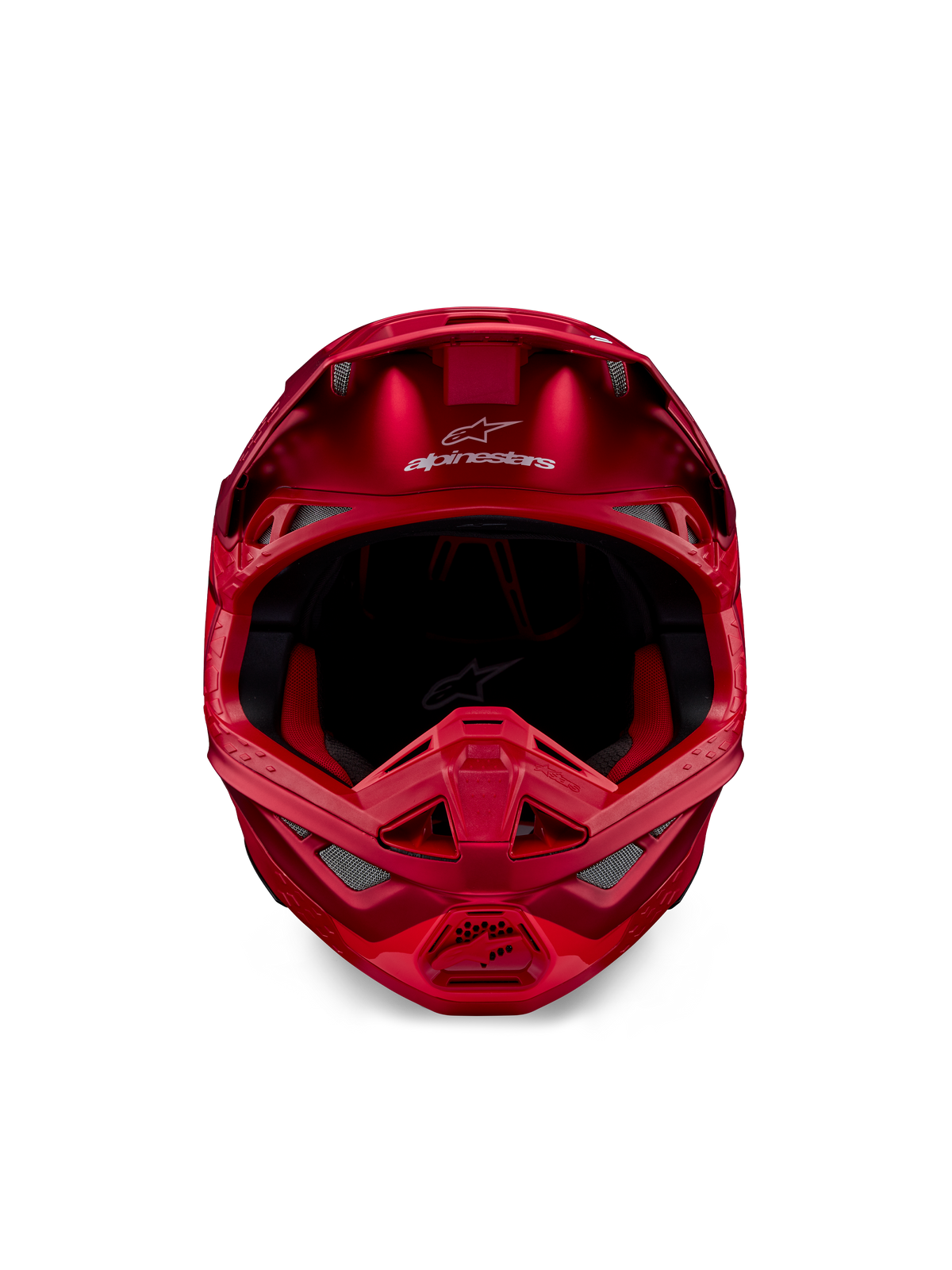 Alpinestars Supertech M10 Flood Helm, Motocross-Helm, Red Fluo und Red Matt/Glänzend, Vorderansicht mit aerodynamischem Profil und mehreren Belüftungsöffnungen, Alpinestars-Logo auf der Stirn und rotes Innenfutter, professionelle Offroad-Rennausrüstung