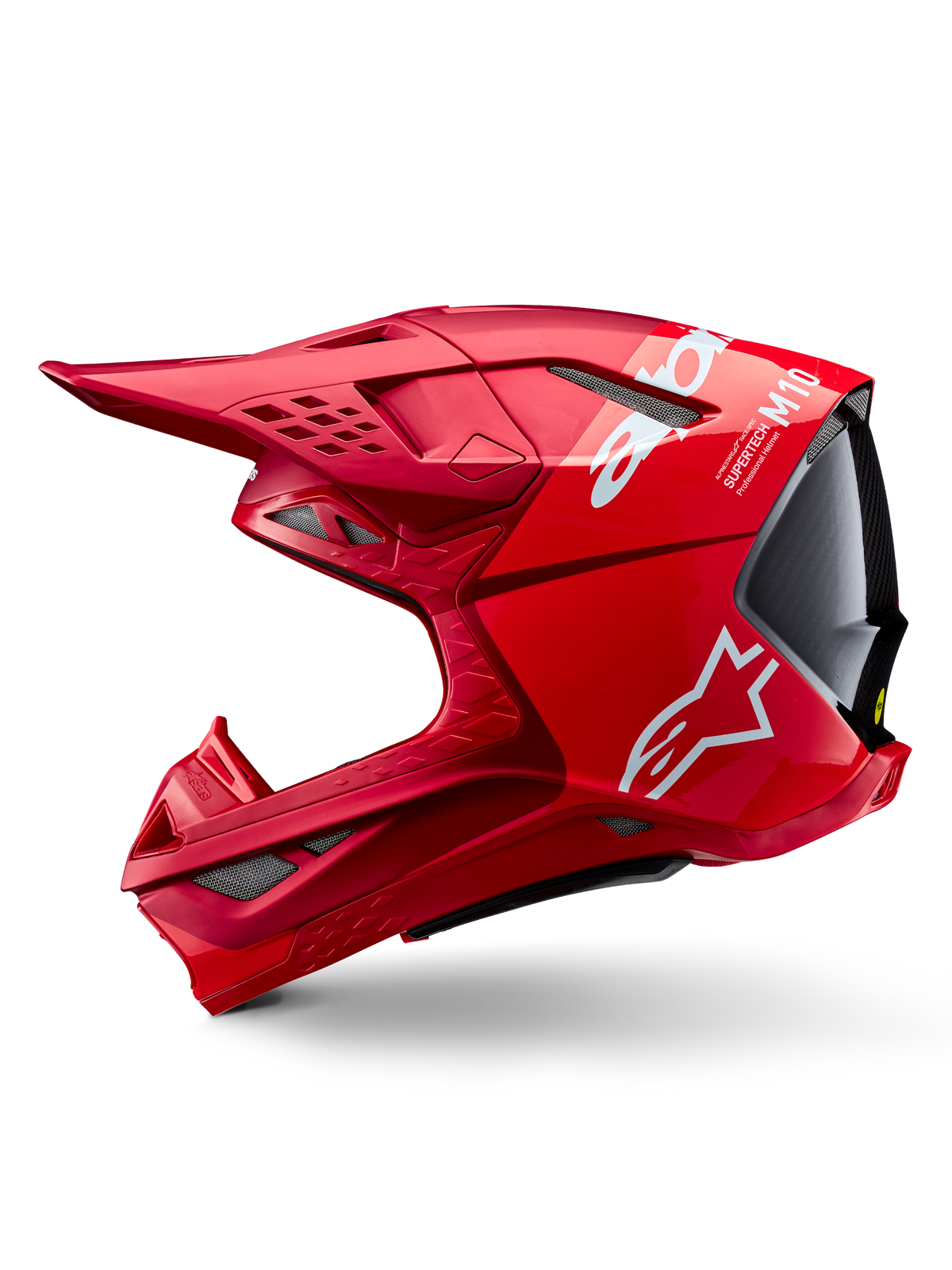Alpinestars Supertech M10 Flood ECE 22.06 Helm, Motocross-Helm, Rot und Fluo-Rot mit mattem und glänzendem Finish, Seitenprofil-Ansicht mit aerodynamischem Schalendesign, mehreren Belüftungsöffnungen und weißem Alpinestars-Branding.