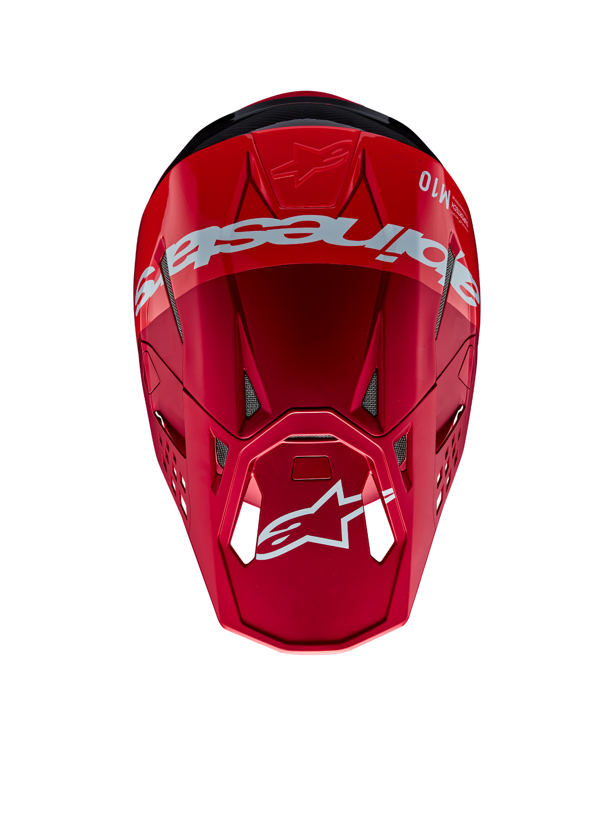 Alpinestars Supertech M10 Flood Helm, Motocross-Helm, Rot und Fluo-Rot mit mattem und glänzendem Finish, Draufsicht mit markantem Alpinestars-Branding und Logo, fortschrittliche aerodynamische Schale mit integrierten Belüftungsöffnungen für den Offroad-Rennsport