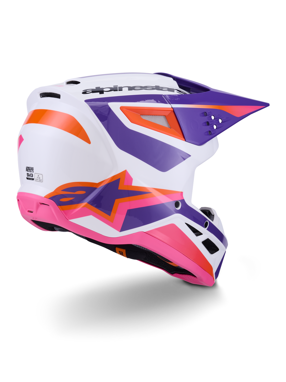 Alpinestars S-M3 Heat Helmet ECE 22.06, Motocross Helmet, White with Purple Pink and Orange accents, rear side view showing ventilation ports and bold star logo, glossy finish for off-road performance