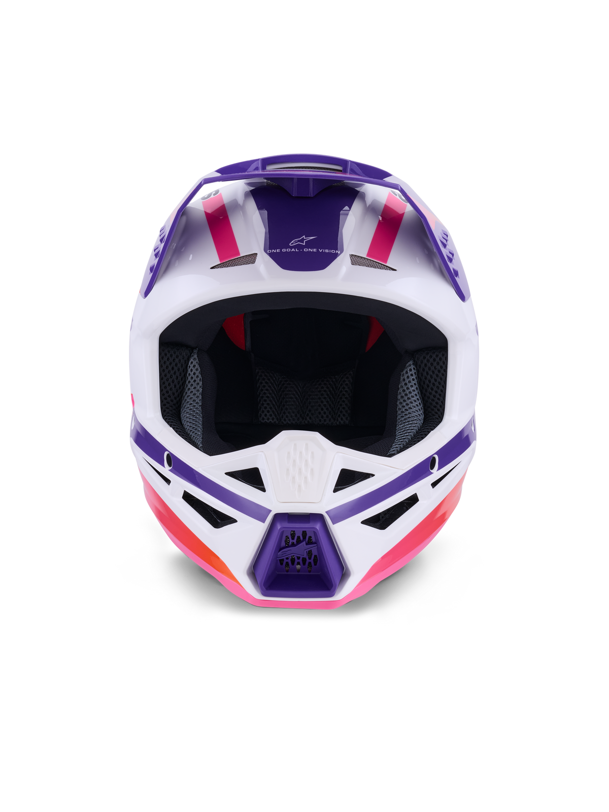 Alpinestars S-M3 Heat Helmet ECE 22.06, Motocross Helmet, White Purple and Pink Glossy, front view showing ventilation ports and bold geometric graphics, professional off-road racing head protection