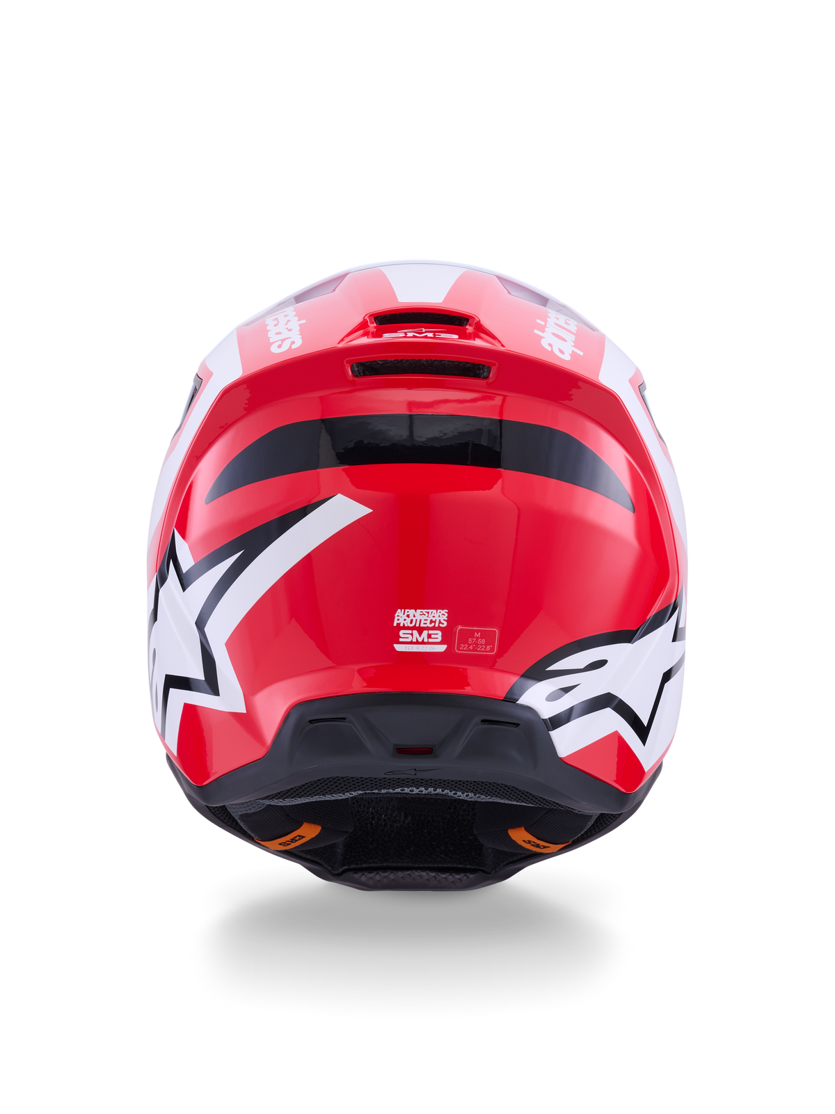 Alpinestars S-M3 Heat Motocross Helmet, Glossy Red and White, rear view with star logos and integrated exhaust ports.