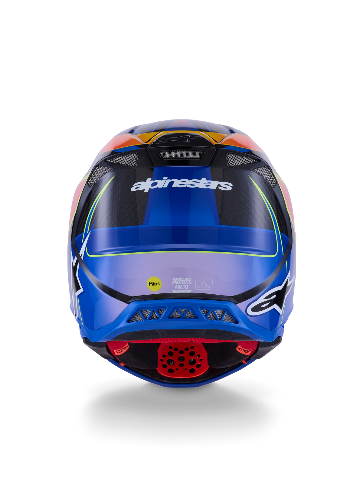 Alpinestars Supertech M10 Era Helm, Motocross-Helm, Rückansicht, Blau Rot Gelb Fluo Glänzend, mit Belüftungsöffnungen, Carbon-Verbundschale, Alpinestars-Branding und MIPS-Sicherheitsaufkleber, fortschrittlicher Offroad-Schutz