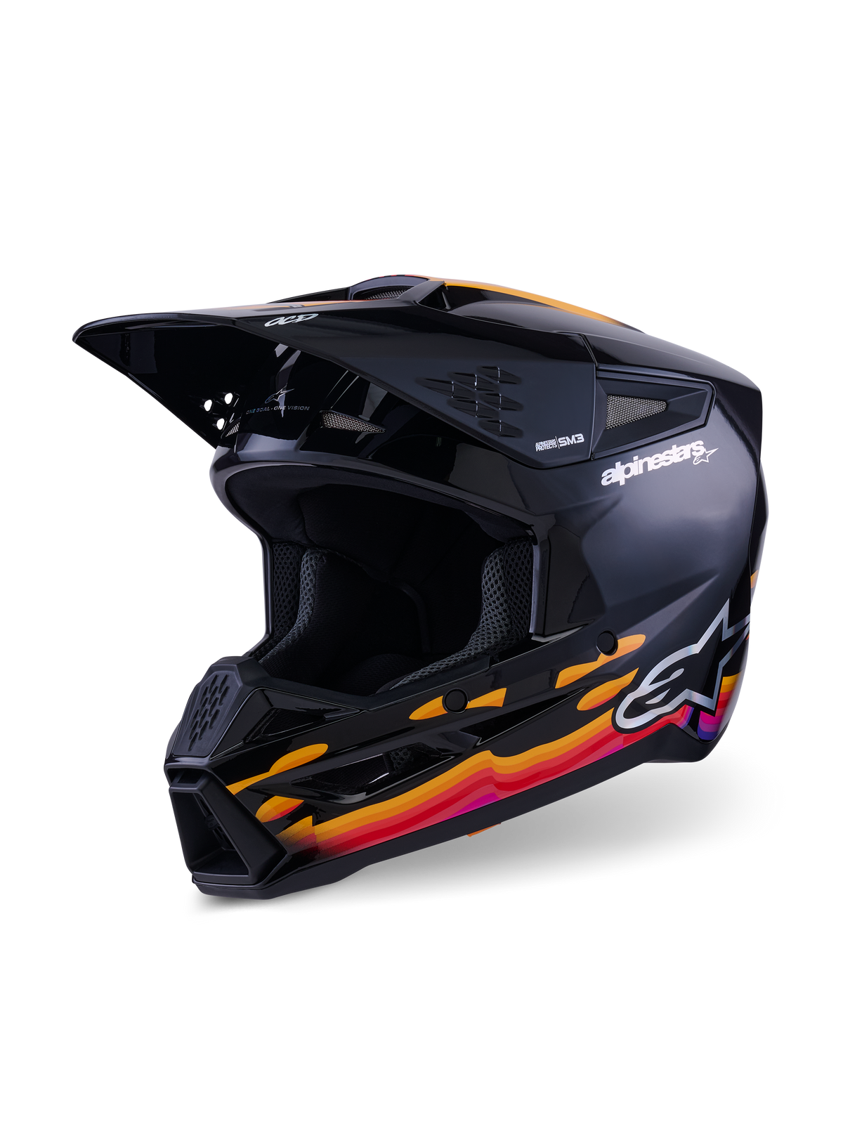 Alpinestars S-M3 Force OCD Helm, Motocross-Helm, Schwarz glänzend mit leuchtenden Grafiken in Orange, Rot und Lila, mit Alpinestars-Branding an der Seite und OCD-Logo auf dem Visier, aerodynamisches Design mit Belüftungsöffnungen und einem markanten Kinnschutz.