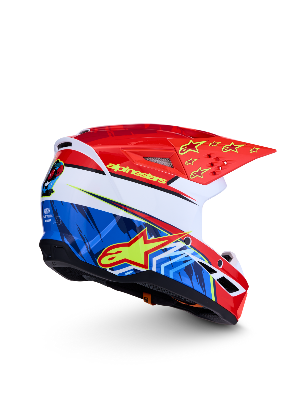 Alpinestars SM3 Jugend-Helm Falcon ECE06, Motocross-Helm in Rot und Blau mit gelben Stern-Grafiken, ECE 2206 zertifiziert.