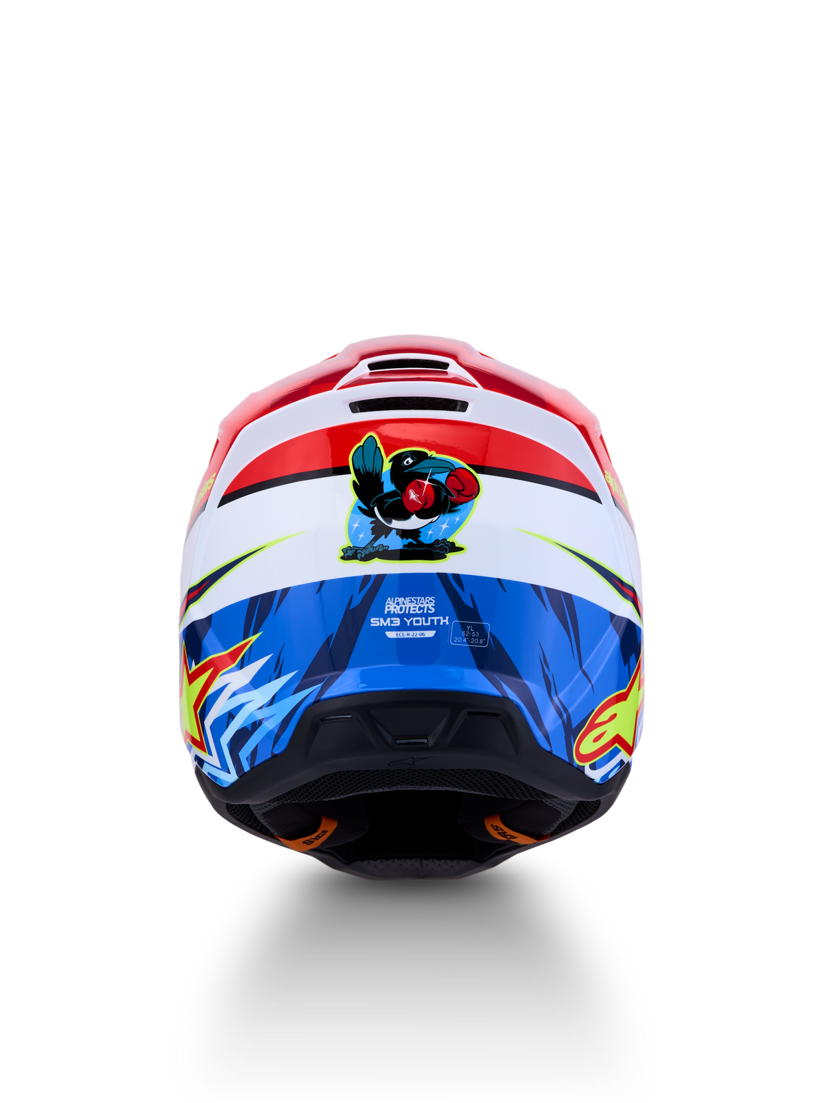 Alpinestars SM3 Jugend-Helm Falcon, Motocross-Helm in Rot, Weiß und Blau, ECE 22.06 zertifiziert mit Falken-Grafik.