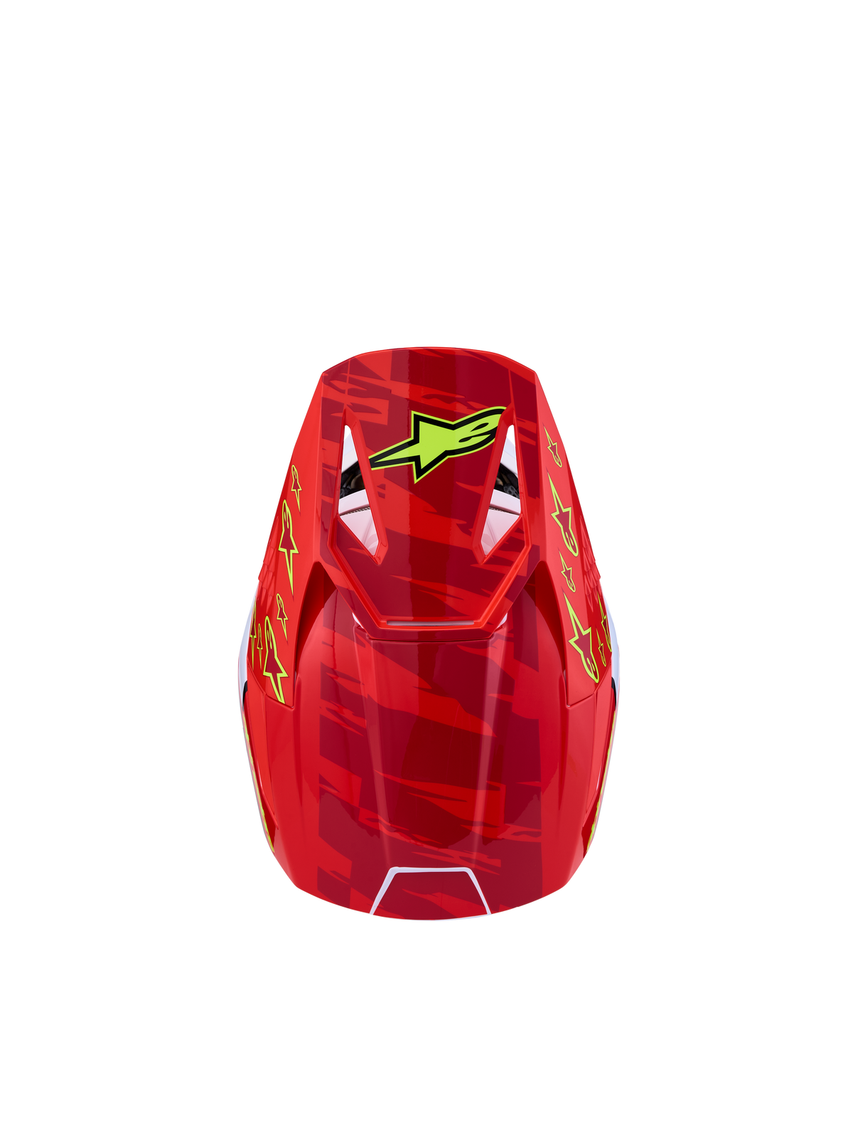 Alpinestars SM3 Jugend-Helm Falcon ECE06, Motocross-Helm für Kinder, Draufsicht in Rot und Gelb mit Camo-Grafik, gelbes Alpinestars-Logo und obere Belüftungsöffnungen.