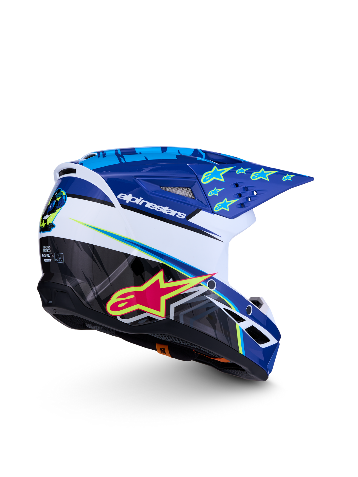 Alpinestars SM3 Jugend-Helm Falcon ECE06, Motocross-Helm, Blau und Weiß mit pinken und gelben Grafiken, ECE-zertifiziert.