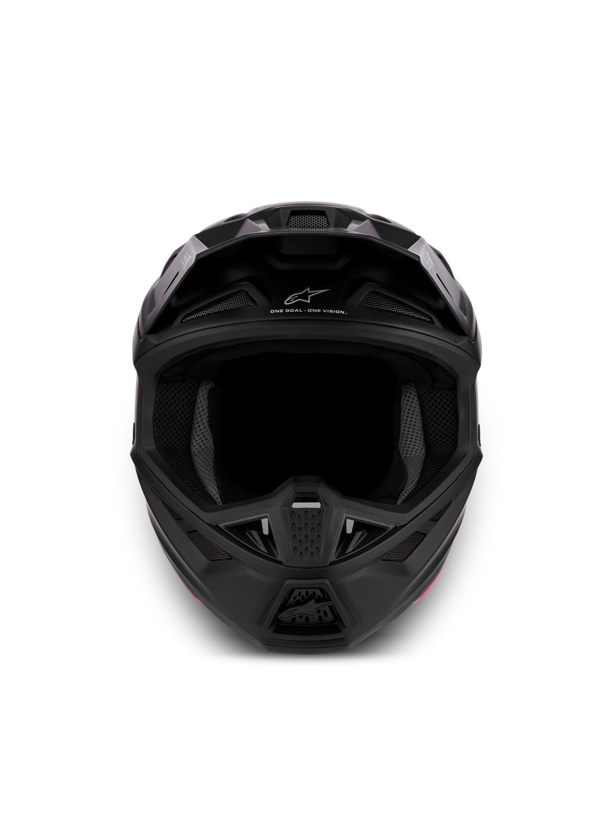 Alpinestars S-M7 Helm Solid ECE06, Motocross-Helm in Schwarz Matt, aerodynamische Schale, Belüftungssystem, Frontansicht.