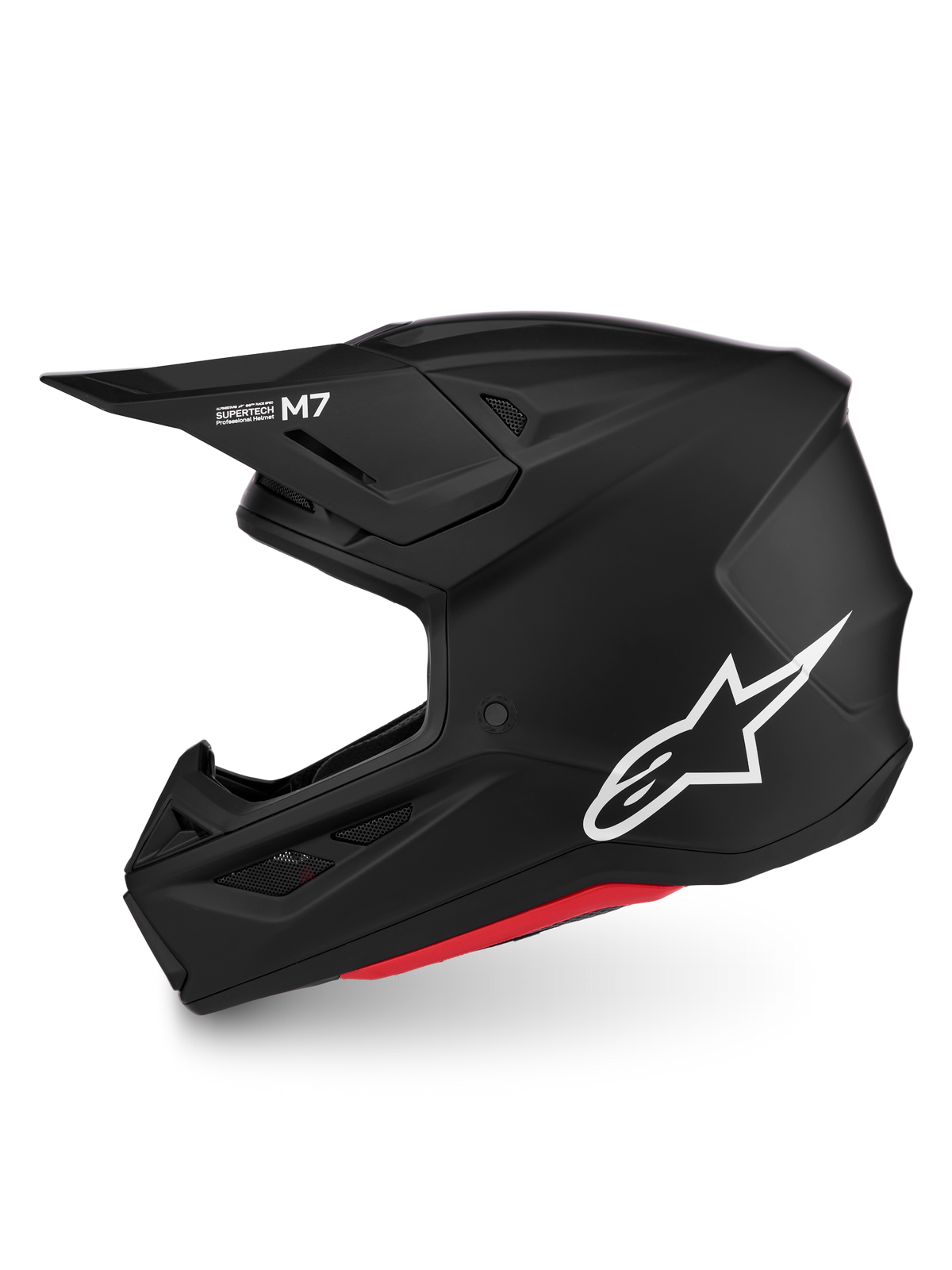 Alpinestars S-M7 Solid Helm, Motocross-Helm, Mattschwarz, weißes Logo, aerodynamische Schale, ECE 22.06 zertifiziert.