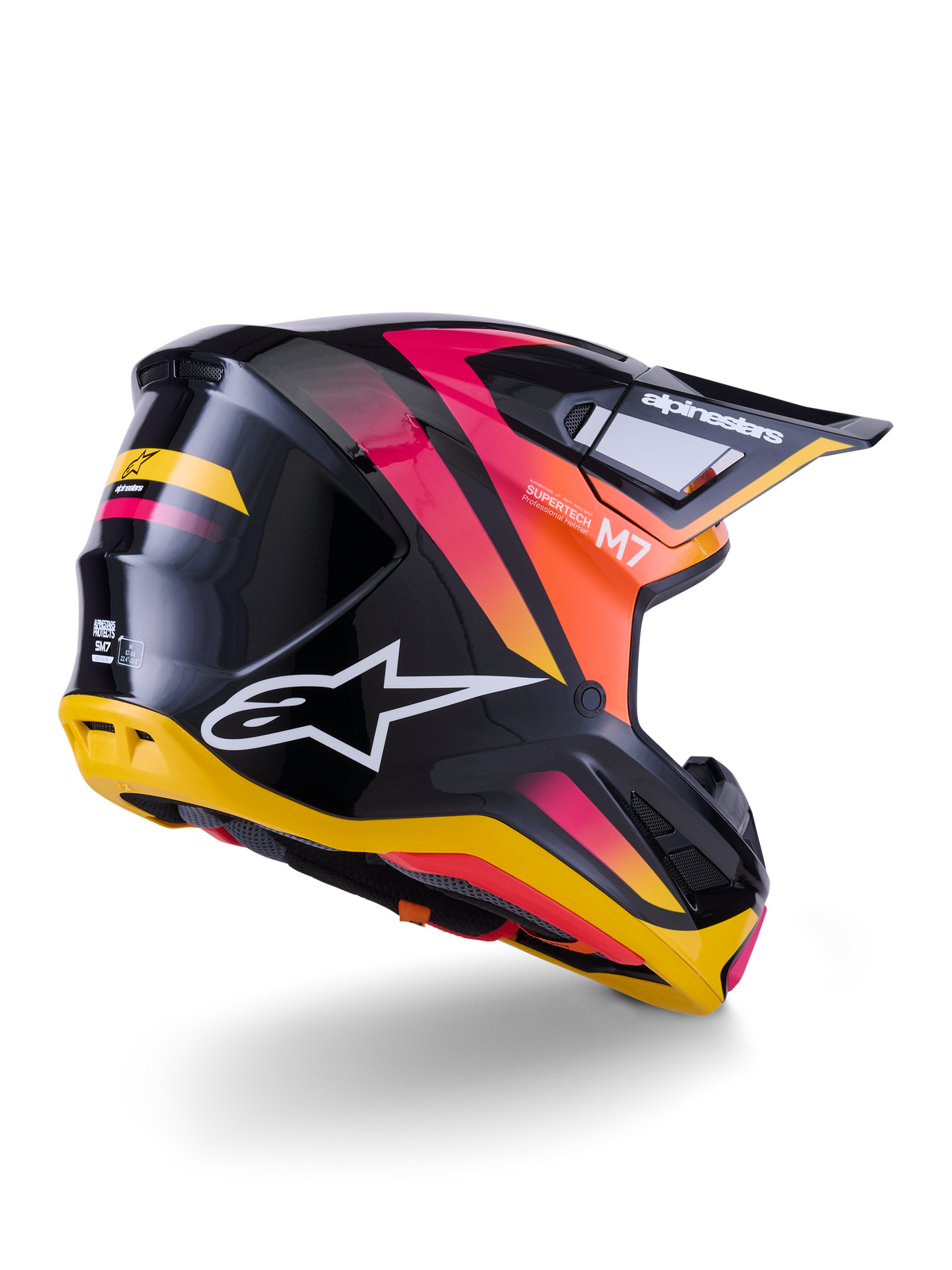 Alpinestars S-M7 Rise Helmet, Motocross Helmet, Black Yellow and Pink Glossy, rear and side view featuring aerodynamic composite shell with vibrant gradients, bold branding and ventilation ports