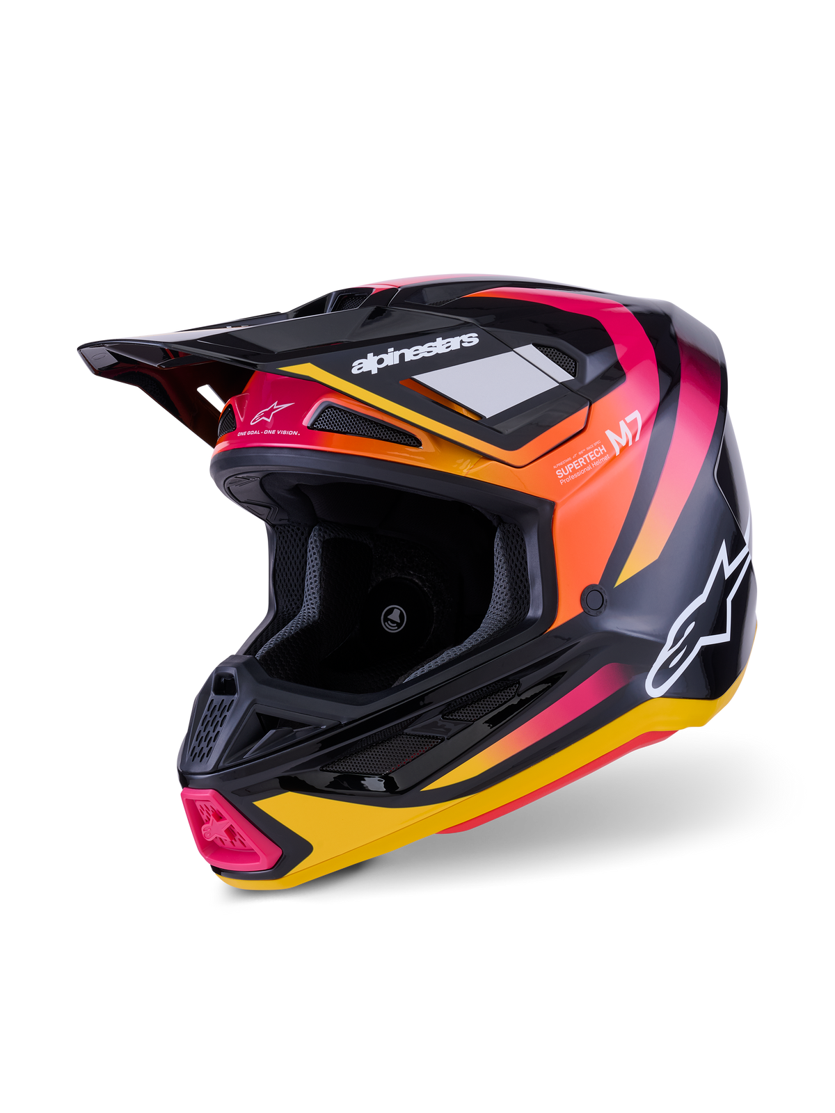 Alpinestars S-M7 Rise Helmet, Motocross Helmet, Black Yellow and Pink Glossy, featuring an aerodynamic composite shell with vibrant gradient graphics, white Alpinestars logos, and multiple ventilation ports for off-road racing.