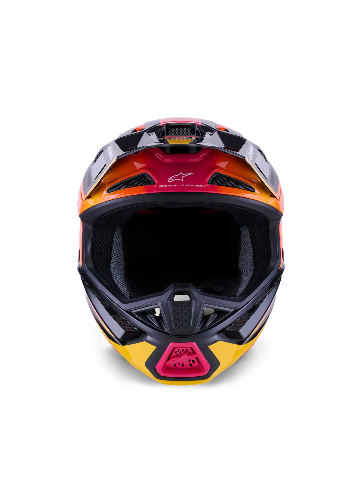Alpinestars S-M7 Rise Helmet ECE 22.06, Motocross Helmet, Black Yellow and Pink Glossy with orange gradients, front-facing view showing aerodynamic composite shell, multiple intake vents with mesh, and 'One Goal. One Vision.' branding, designed for off-road racing.