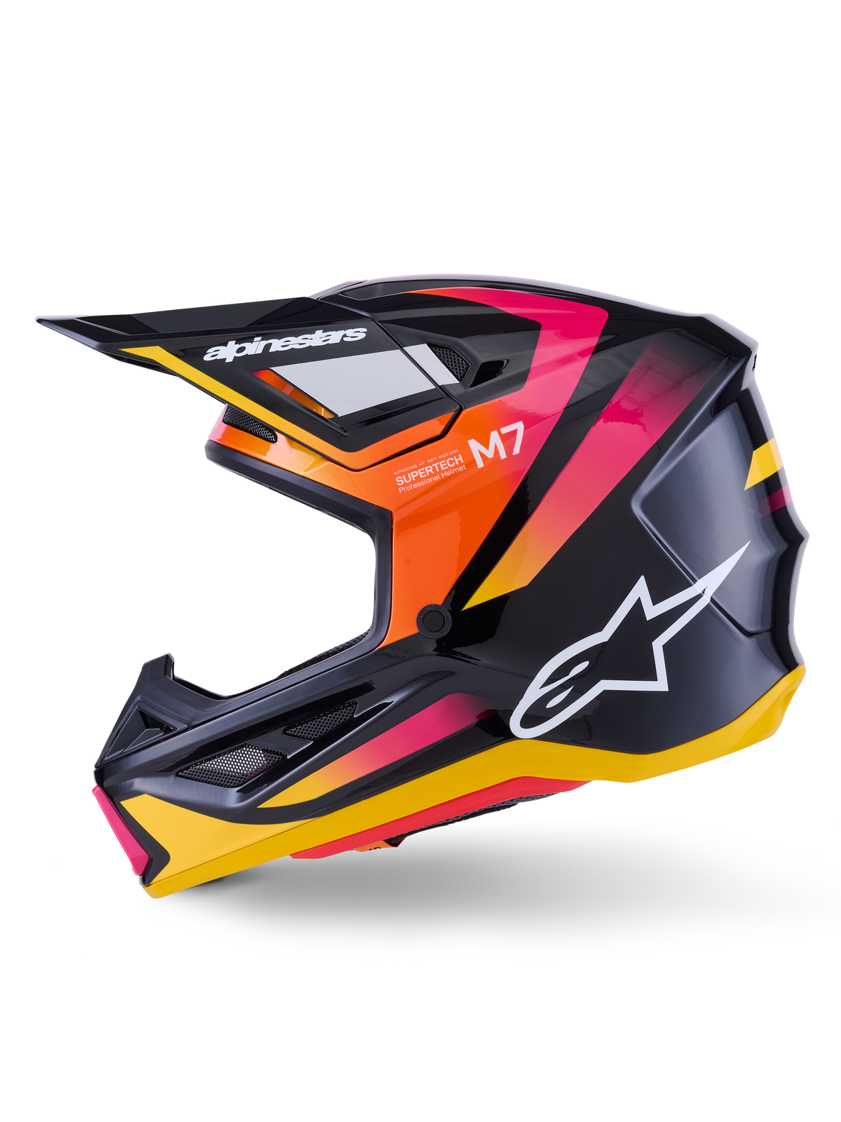 Alpinestars S-M7 Rise Helmet, Motocross Helmet, Black Yellow and Pink Glossy, side profile showing vibrant orange and pink gradient accents, white Alpinestars logo, sleek aerodynamic design with a black visor, professional head protection for off-road racing