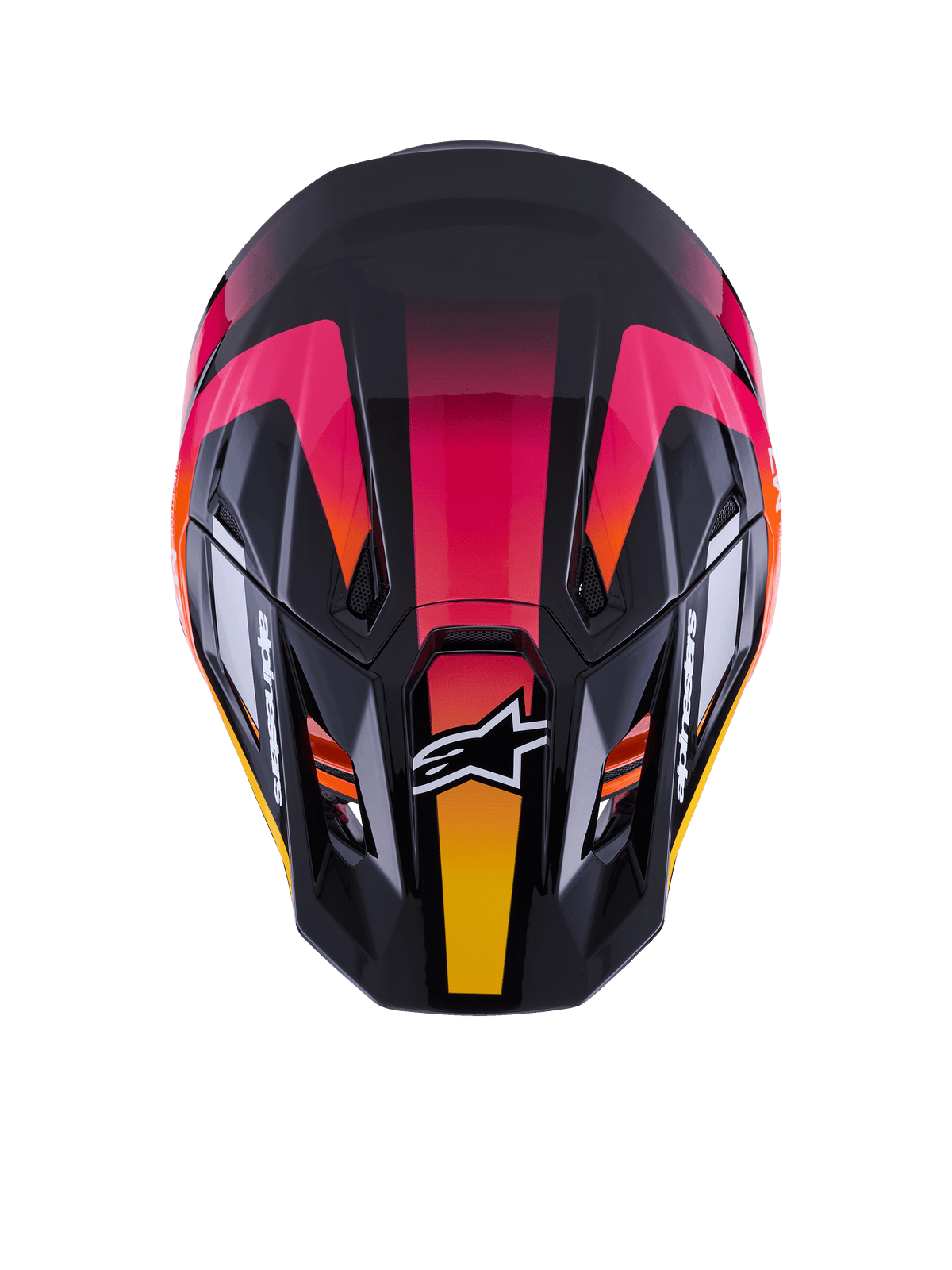 Alpinestars S-M7 Rise Helmet ECE 22.06, Motocross Helmet, Black Pink and Yellow Glossy, top-down view showing aerodynamic composite shell, vibrant gradient design, ventilation ports, and white Alpinestars logo on the front