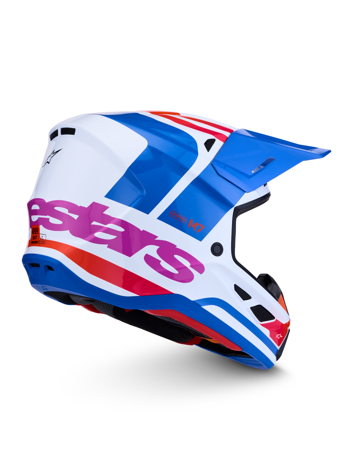 Alpinestars S-M7 Core Helm ECE06, Motocross-Helm für Offroad-Einsätze, Weiß und Blau mit pinken und orangen Details, aerodynamische Konstruktion, ECE 22.06 zertifiziert.