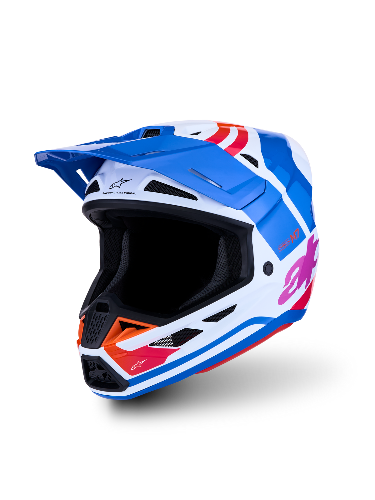 Alpinestars S-M7 Core Helm ECE06, Motocrosshelm in Blau und Weiß mit glänzenden orangefarbenen und pinken Grafiken, ECE-zertifizierter Kopfschutz für Offroad-Rennen.