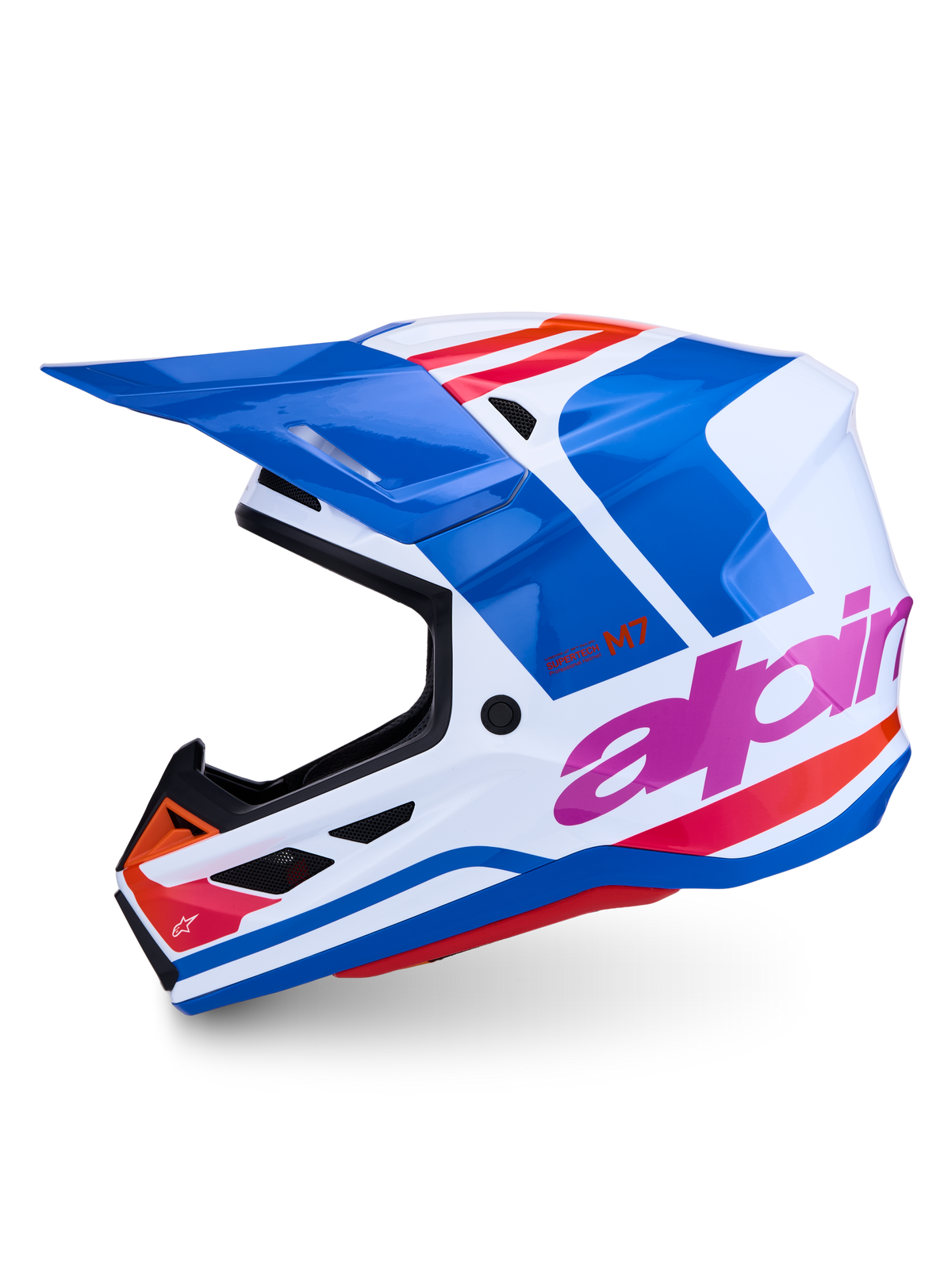 Alpinestars S-M7 Core Helm ECE06, professioneller Motocross-Helm in glänzendem Blau und Weiß mit pinken und orangefarbenen Akzenten.