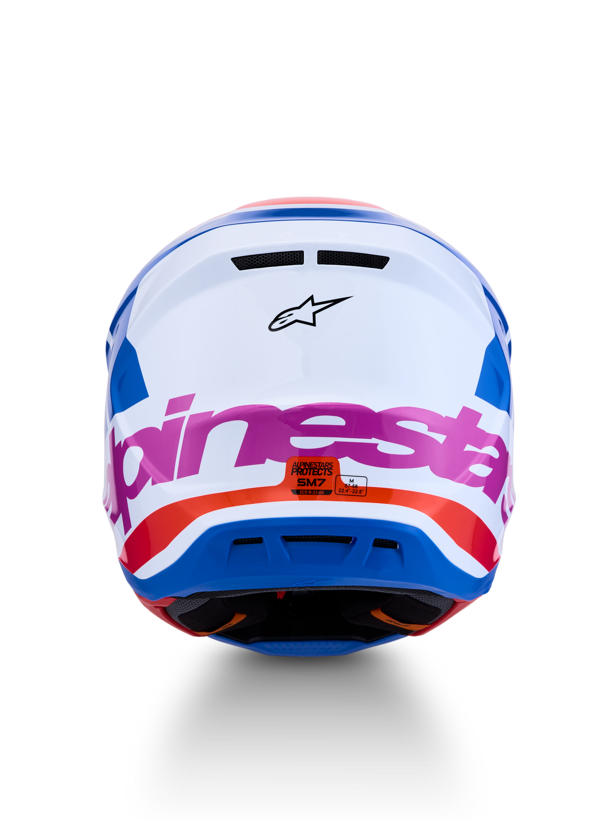 Alpinestars S-M7 Core Helm ECE06, Motocross-Helm in Weiß und Blau mit pinken und orangefarbenen Akzenten, Rückansicht, ECE 22.06-zertifiziert