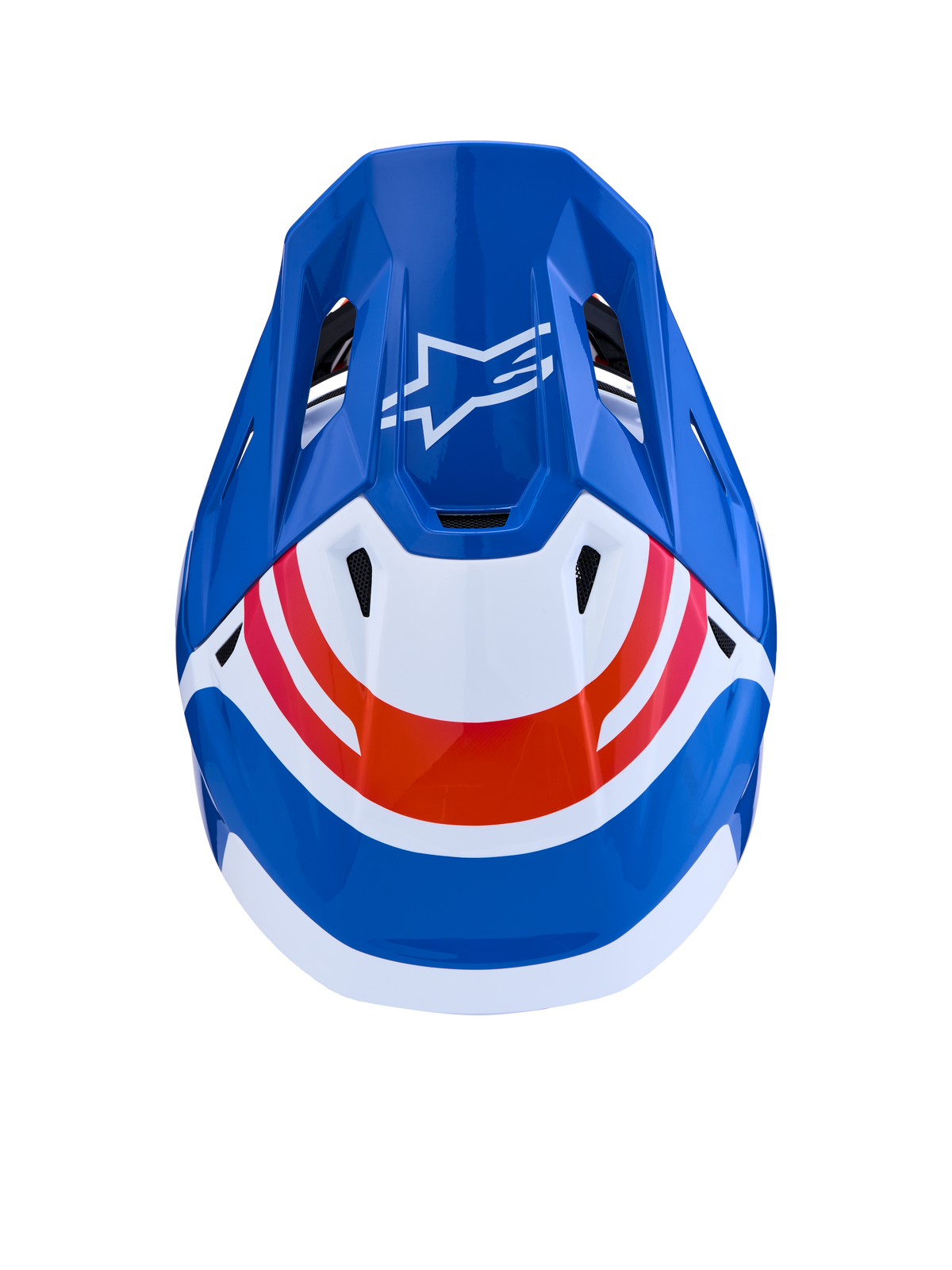Alpinestars S-M7 Core Helm ECE06, Motocross-Helm, Blau, Weiß und Orange, Draufsicht mit Astar-Logo, ECE-zertifiziert.
