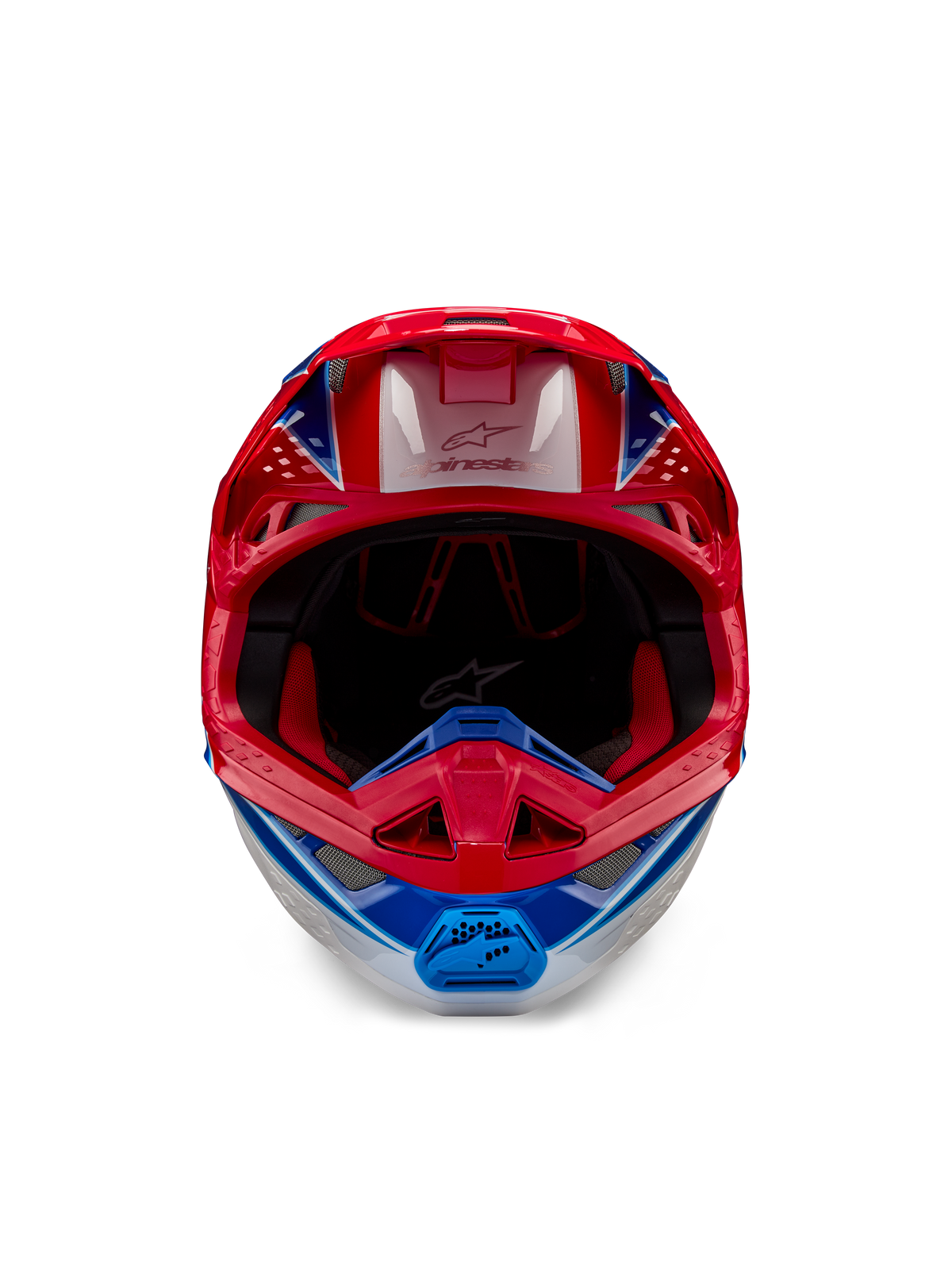 Alpinestars Supertech M10 Aeon ECE 22.06 Helm, Motocross-Helm, Hellrot Blau Glänzend, Vorderansicht mit aerodynamischer Schale, belüftetem Kinnbügel und roter Innenpolsterung, auffälliges glänzendes Finish für den Offroad-Rennsport