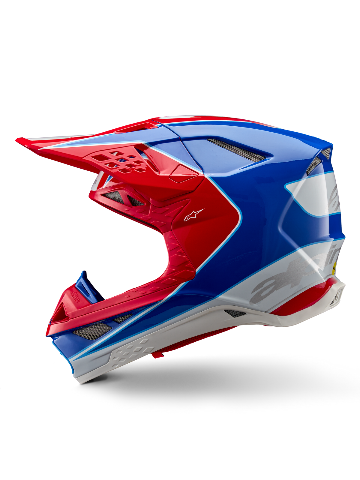 Alpinestars Supertech M10 Aeon ECE 22.06 Helm, Motocross-Helm, Hellrot Blau Glänzend, Seitenprofilansicht, aerodynamische Multi-Composite-Schale mit integrierten Belüftungsöffnungen und rot-blauem Grafikdesign, glänzendes Finish für den Offroad-Rennsport