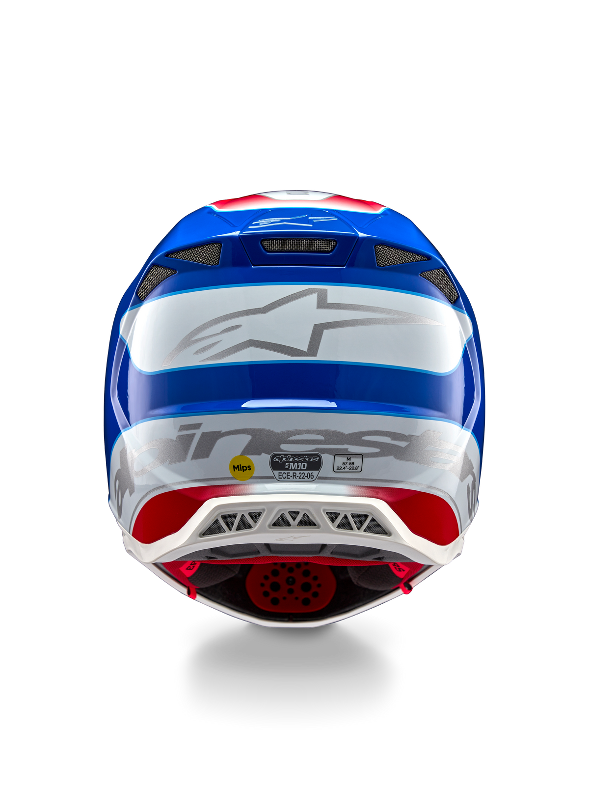 Alpinestars Supertech M10 Aeon ECE 22.06 Helm, Motocross-Helm, Rückansicht, glänzendes Finish in leuchtendem Rot und Blau, großes silbernes Alpinestars-Logo, mehrere Belüftungsöffnungen, MIPS- und ECE-Sicherheitsaufkleber, professioneller Rennschutz