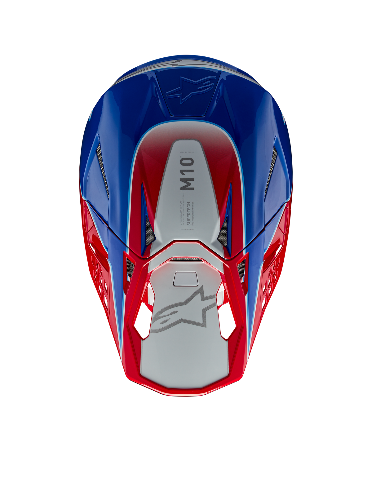 Alpinestars Supertech M10 Aeon Helm, Motocross-Helm, Hellrot und Blau glänzend, Draufsicht mit silbernem Mittelteil und M10-Branding, aerodynamische Schale mit roten und blauen Akzenten, Mesh-Belüftungsöffnungen, Hochleistungs-Kopfschutz für Motocross