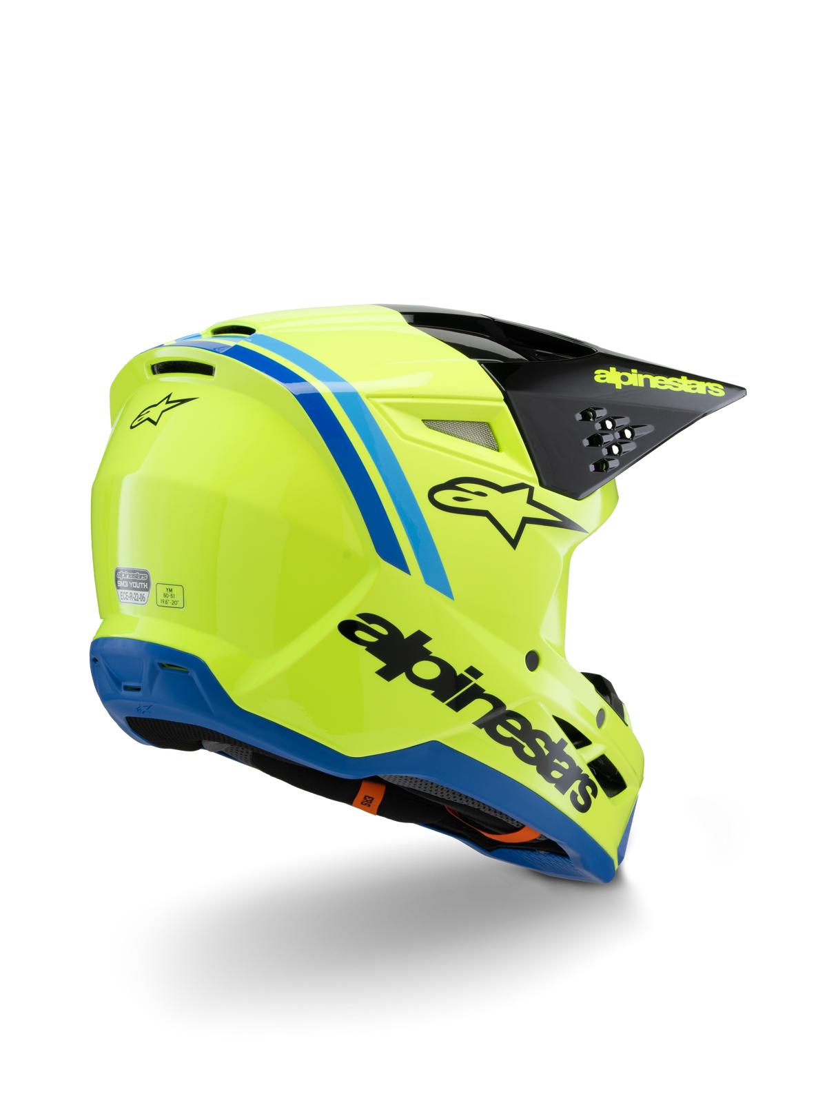 Alpinestars S-M3 Youth Radium Helm ECE 22.06, Motocross-Helm, Neongelb mit schwarzen und blauen Akzenten, Dreiviertelansicht von hinten zeigt schwarzes Visier mit gelbem Branding und blauer Randleiste