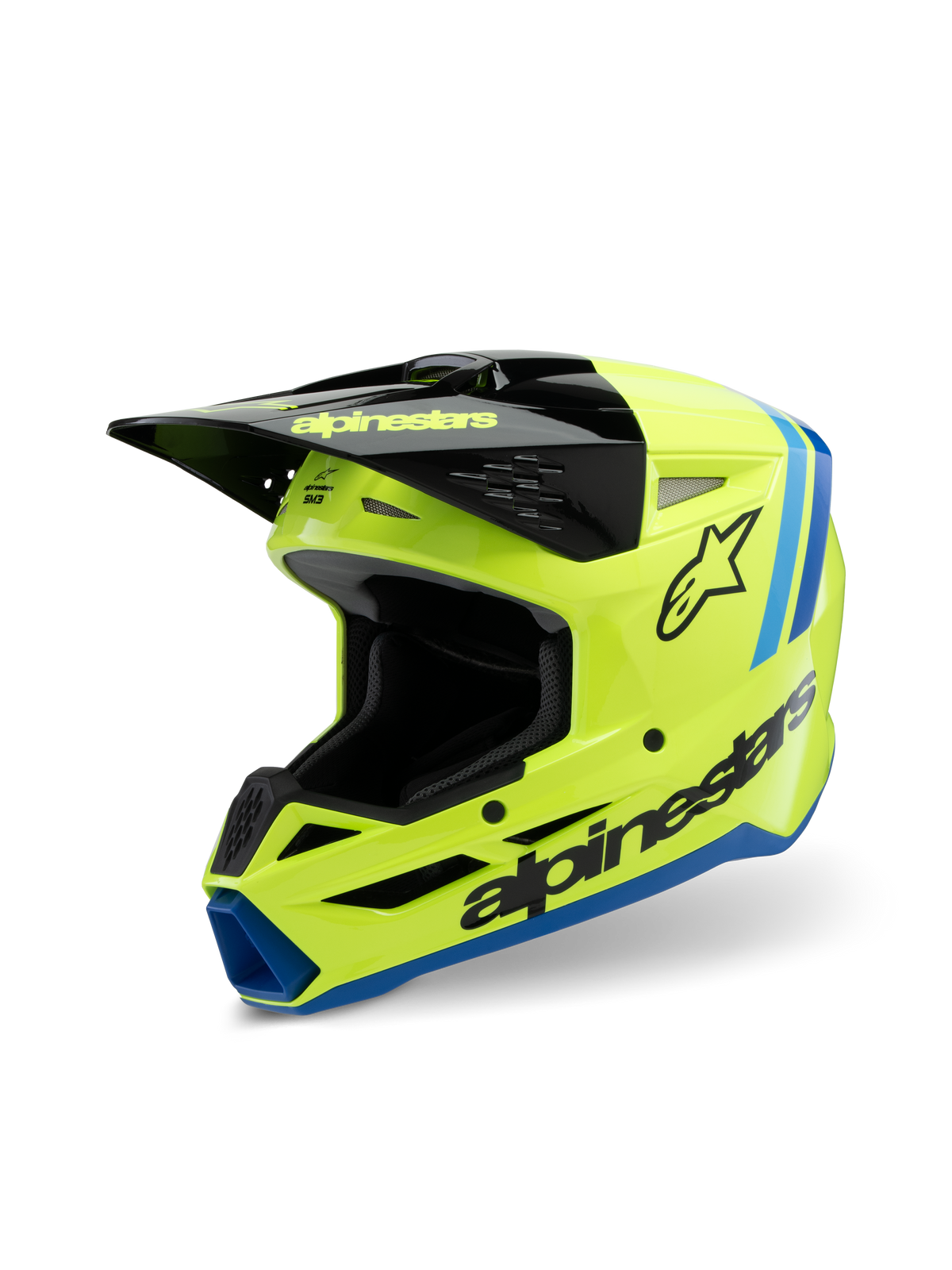 Alpinestars S-M3 Youth Radium Helm, Motocross-Helm, Fluorgelb, Schwarz und Blau, mit schwarzem Visier, markantem Alpinestars-Logo an der Seite, blauen Akzenten, Hochleistungs-Schutzausrüstung für jugendliche Fahrer