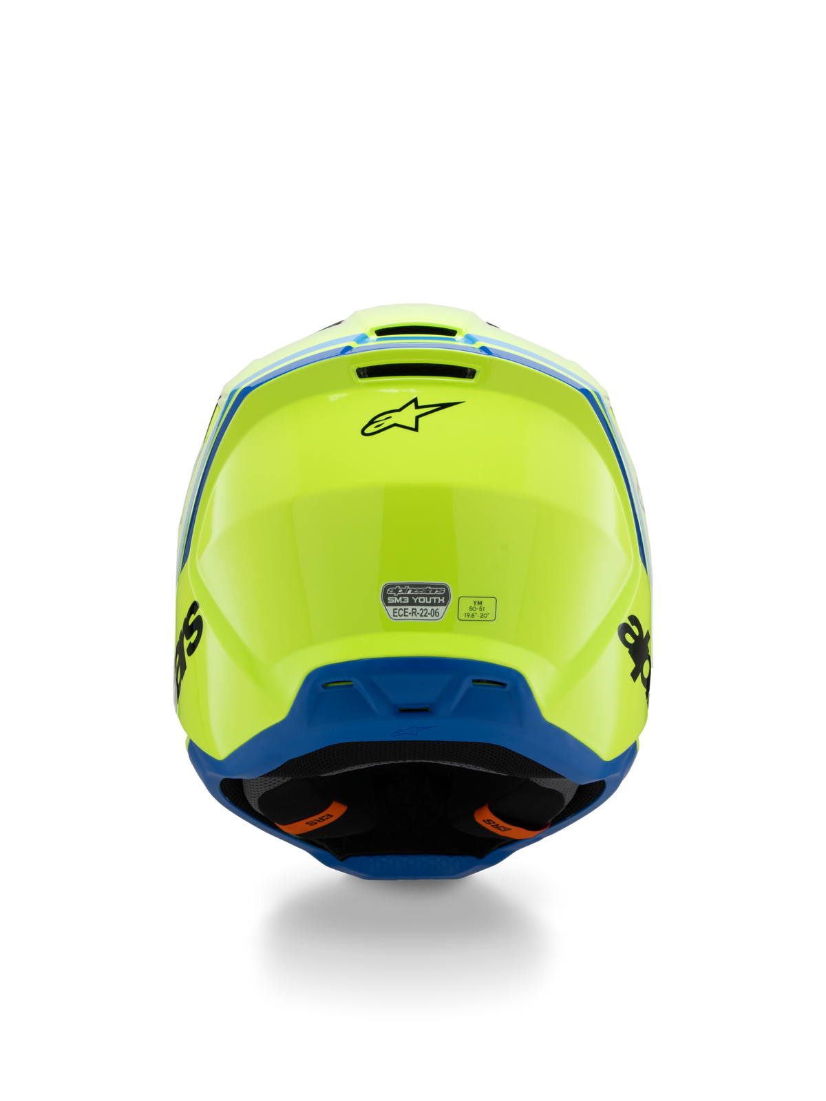 Alpinestars S-M3 Youth Radium Helm ECE 22.06, Motocross-Helm, Gelb Fluo und Blau, Rückansicht mit schwarzem Alpinestars-Logo und ECE-Zertifizierungsaufkleber, aerodynamisches Schalendesign für Jugend-Offroad-Rennsport