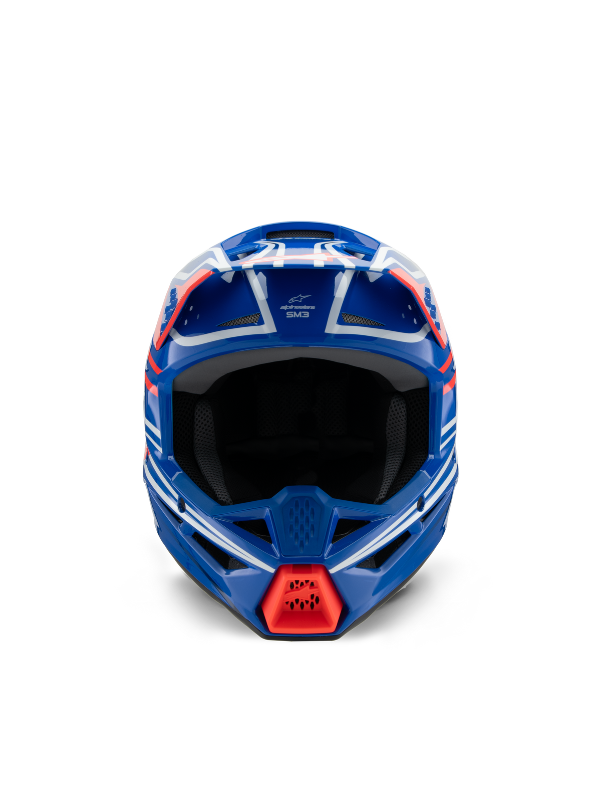 Alpinestars S-M3 Youth Wurx Helm ECE 22.06, Motocross-Helm, Blau, Rot, Weiß und Schwarz glänzend, Vorderansicht, mit aerodynamischer Schale, Belüftungsöffnungen und hellrotem Lufteinlass am Kinnschutz, entwickelt für den Offroad-Rennsport von Jugendlichen