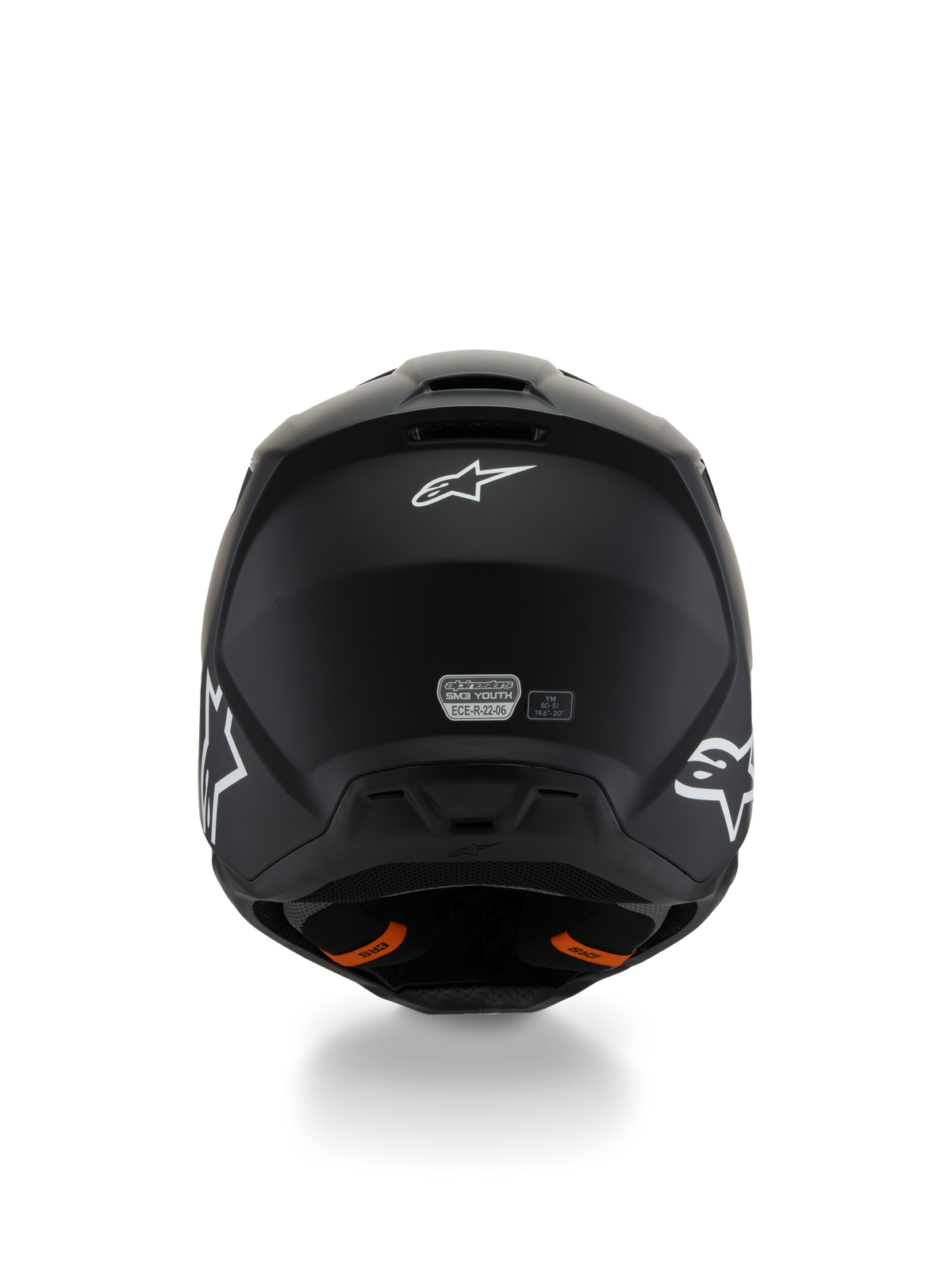 Alpinestars S-M3 Youth Solid Helmet ECE 22.06, Motocross Helmet, Matte Black, rear view showing white star logos and ECE certification sticker, orange Emergency Release System tabs, streamlined protective shell for youth riders