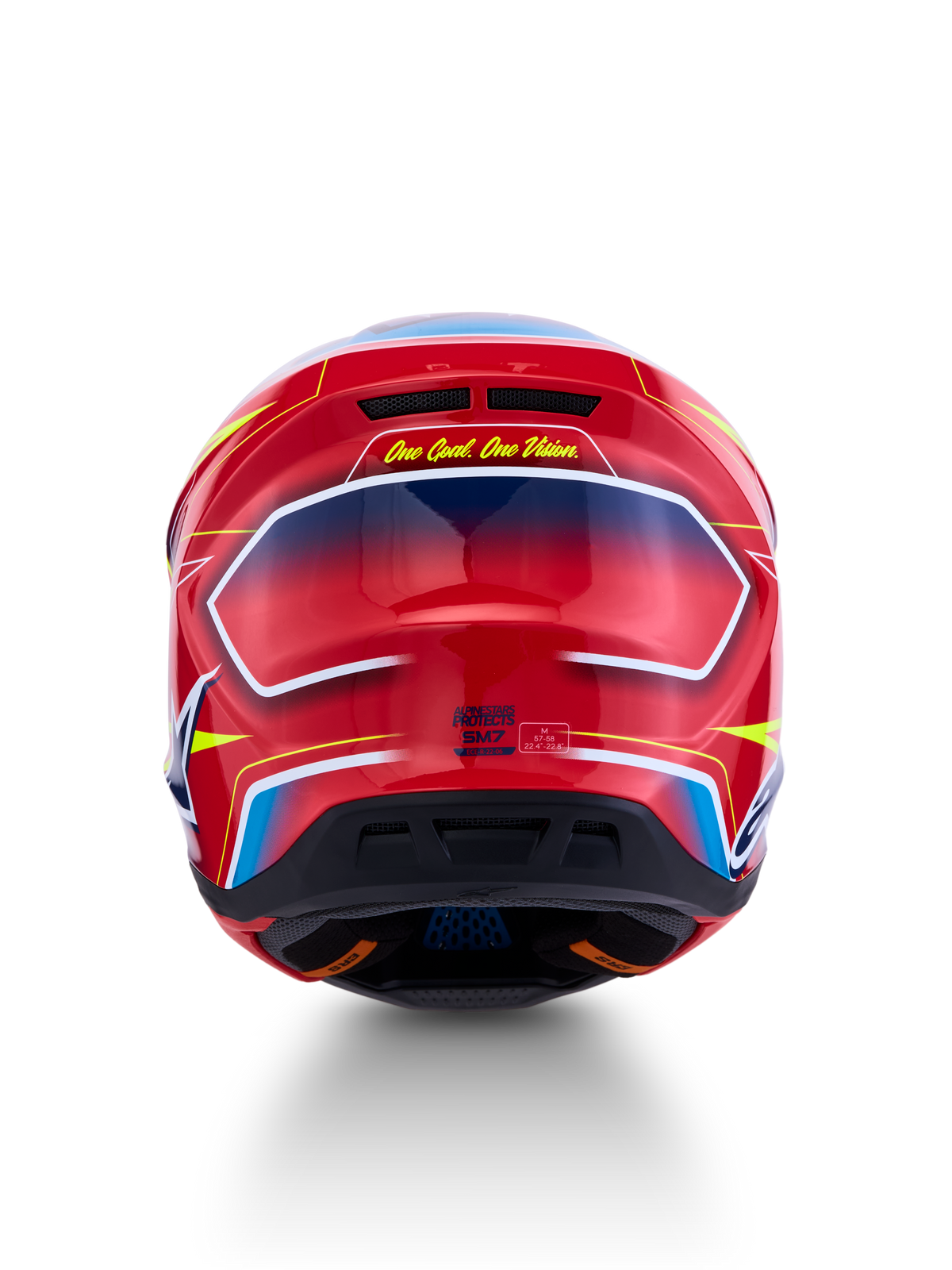 Alpinestars S-M7 Cast Helmet ECE06, red and blue glossy motocross helmet featuring a race-proven aerodynamic profile.