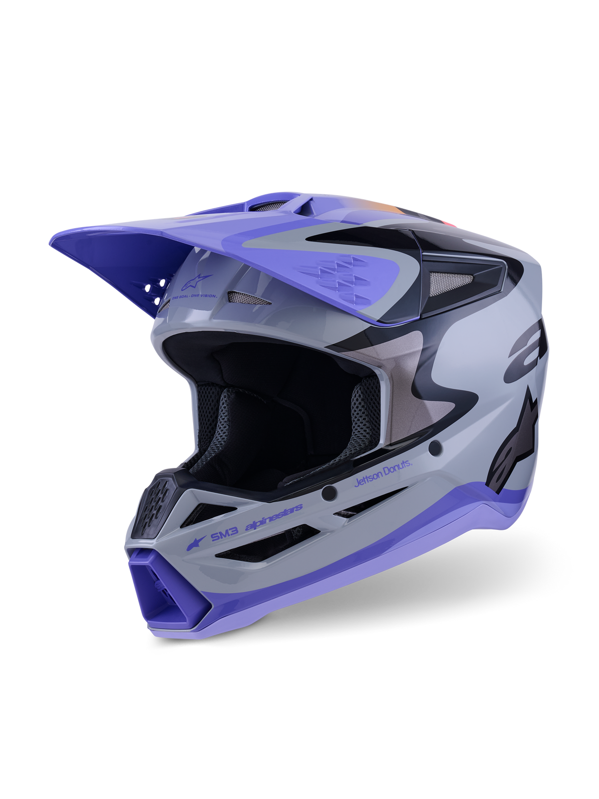 Alpinestars S-M3 Jettson Helm ECE 22.06, Motocross-Helm, Grau, Lila und Schwarz glänzend, Dreiviertelansicht von vorne mit lila Helmschirm, schwarzen Markenakzenten und mehreren Belüftungsöffnungen für Offroad-Performance.