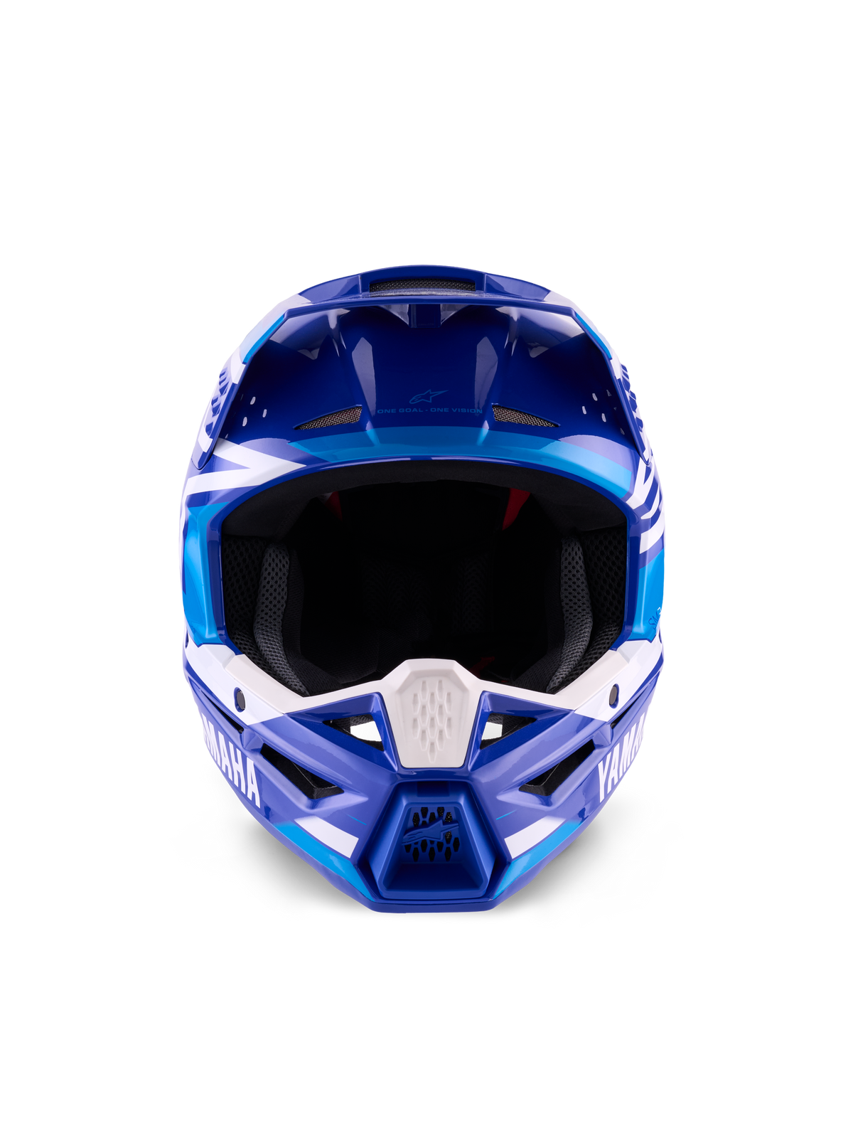 Yamaha S-M3 Helm ECE 22.06, Motocross-Helm, Blau und Weiß glänzend, Vorderansicht mit Fokus auf den schützenden Kinnbügel mit Yamaha-Branding und mehreren Belüftungsöffnungen.
