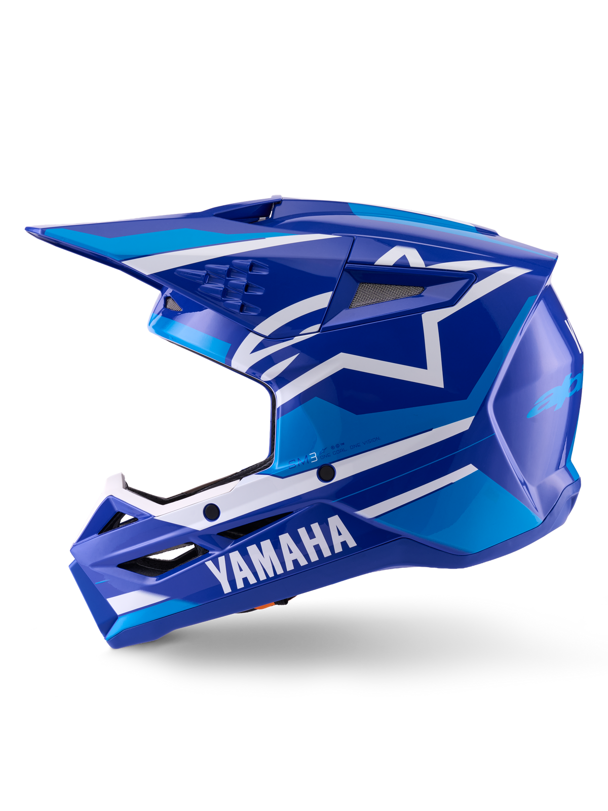 Alpinestars Yamaha S-M3 Helm, Motocross-Helm, Blau und Weiß glänzend, Seitenansicht mit Yamaha-Branding am Kinnschutz und Alpinestars-Sternlogo, aerodynamische Schale mit Belüftungsöffnungen für den Offroad-Rennsport